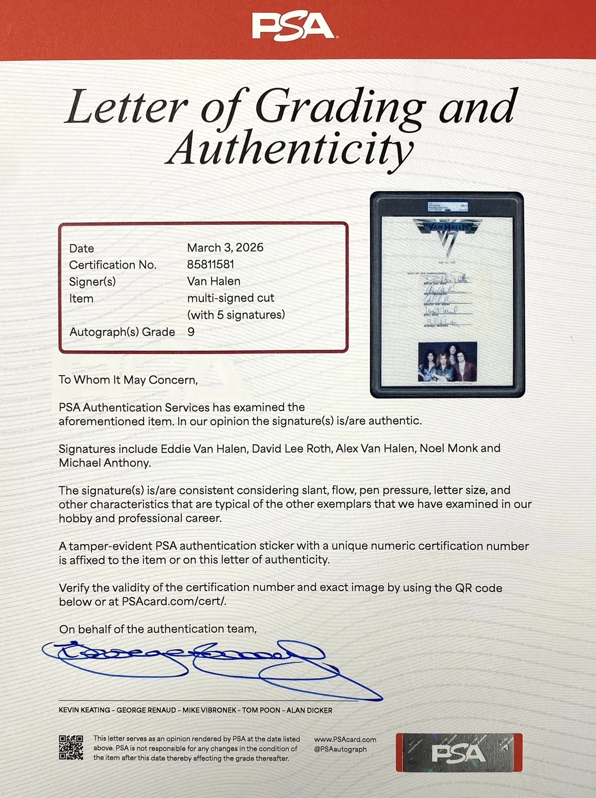 Pieza firmada por Van Halen banda completa - David Lee Roth - PSA, изображение 3