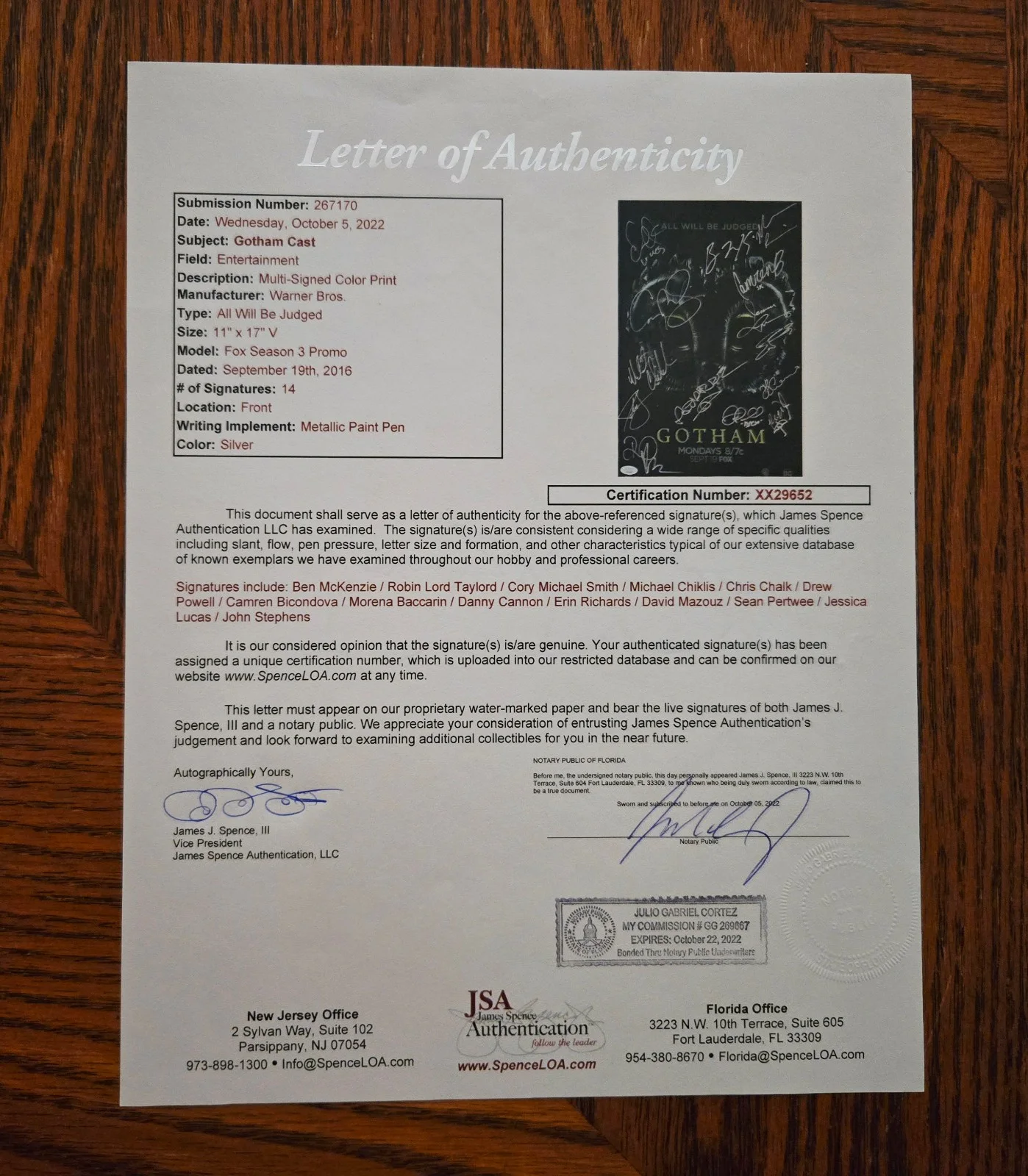 Ben McKenzie, Michael Chiklis, Morena Baccarin — Gotham Cast Signed 11x17 (JSA Letter) 14 Autos - McKenzie/Chiklis/Baccarin/Smith, изображение 4