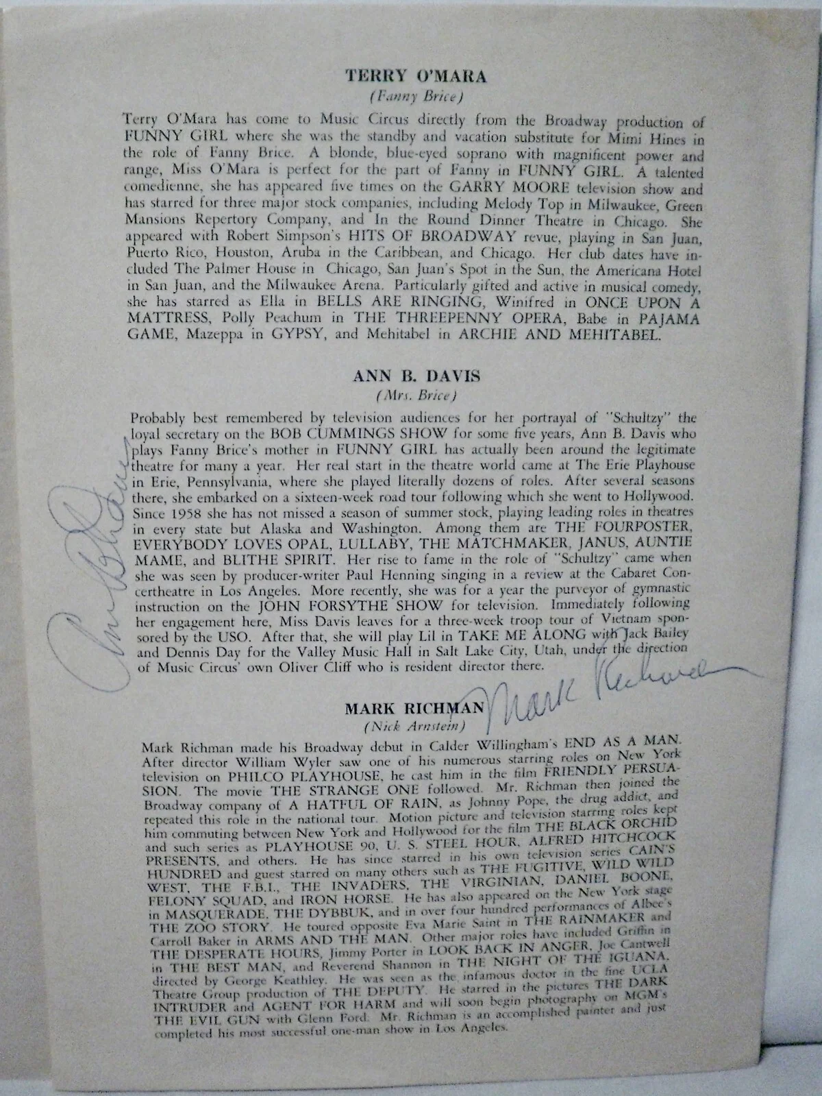 Ann B Davis, Mark Richman — Music Circus Funny Girl 1967 Program Signed by Ann B Davis & Mark Richman Sac CA, изображение 3