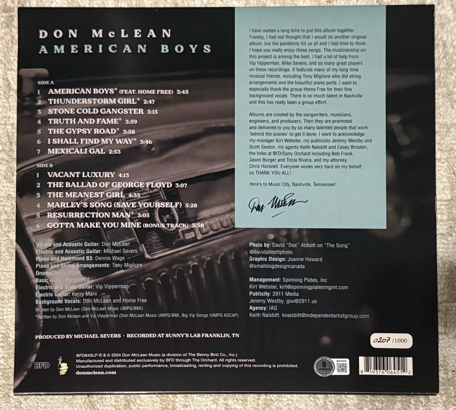 DON MCLEAN SIGNED AMERICAN BOYS VINYL LP - BECKETT COA, изображение 2