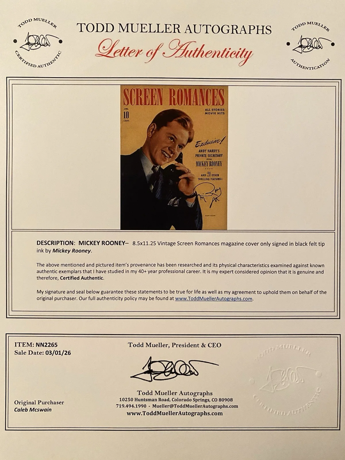 Mickey Rooney — Mickey Rooney Signed Autographed Vintage Screen Romances Magazine With COA RARE, изображение 4