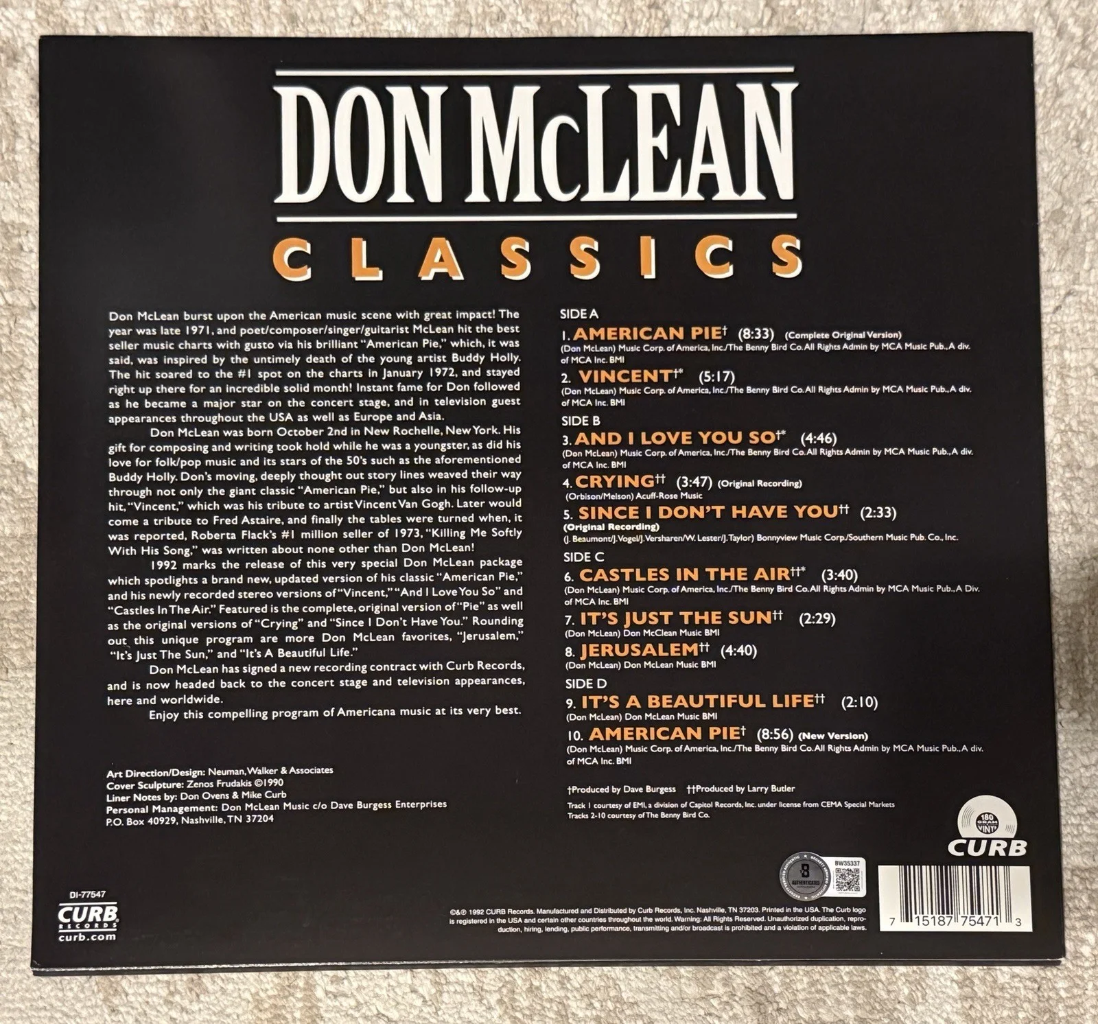 DON MCLEAN SIGNED CLASSICS GREATEST HITS VINYL LP - BECKETT COA, image 2