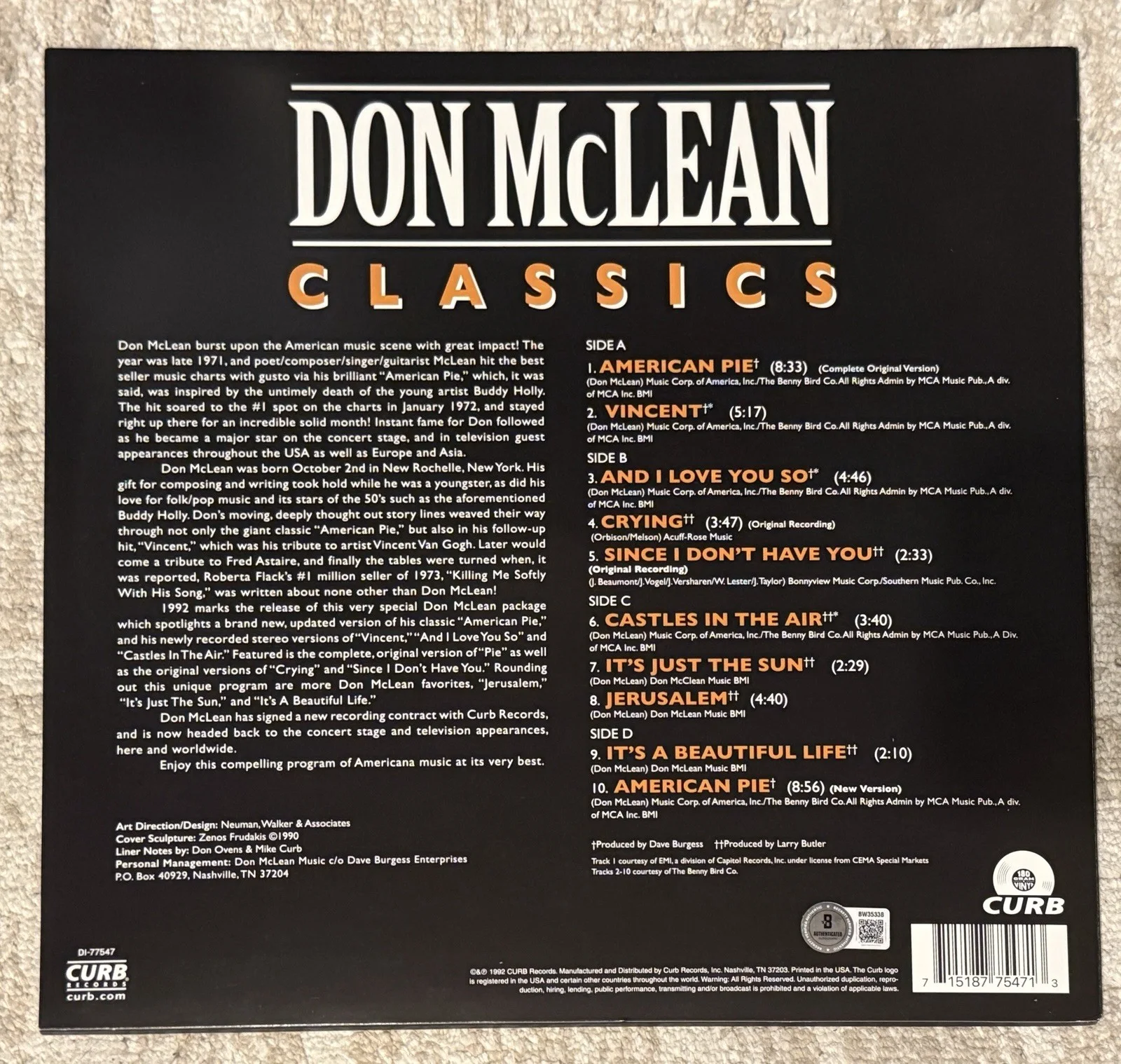 DON MCLEAN SIGNED CLASSICS GREATEST HITS VINYL LP - BECKETT COA, image 2