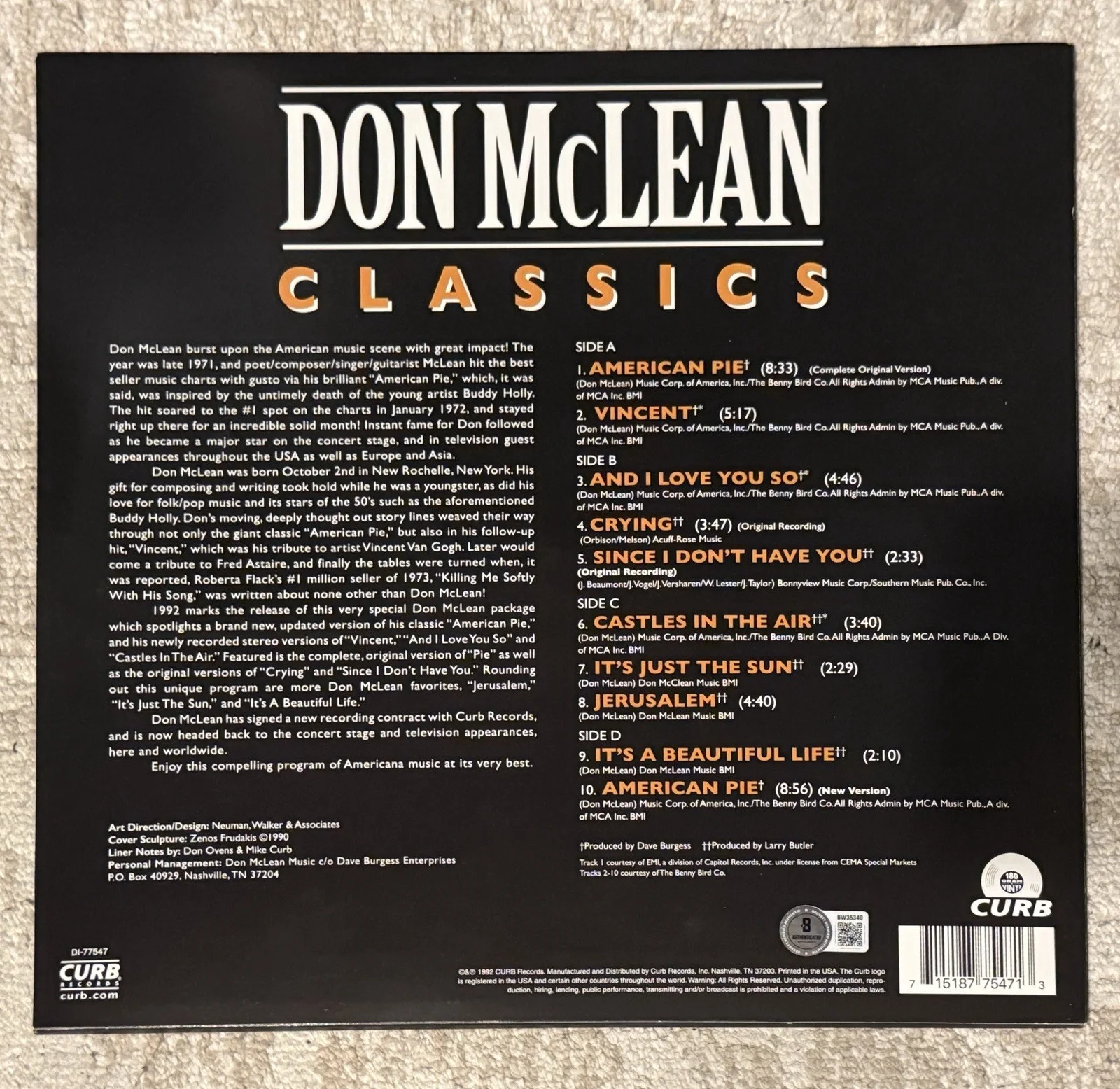 DON MCLEAN SIGNED CLASSICS GREATEST HITS VINYL LP - BECKETT COA, image 2
