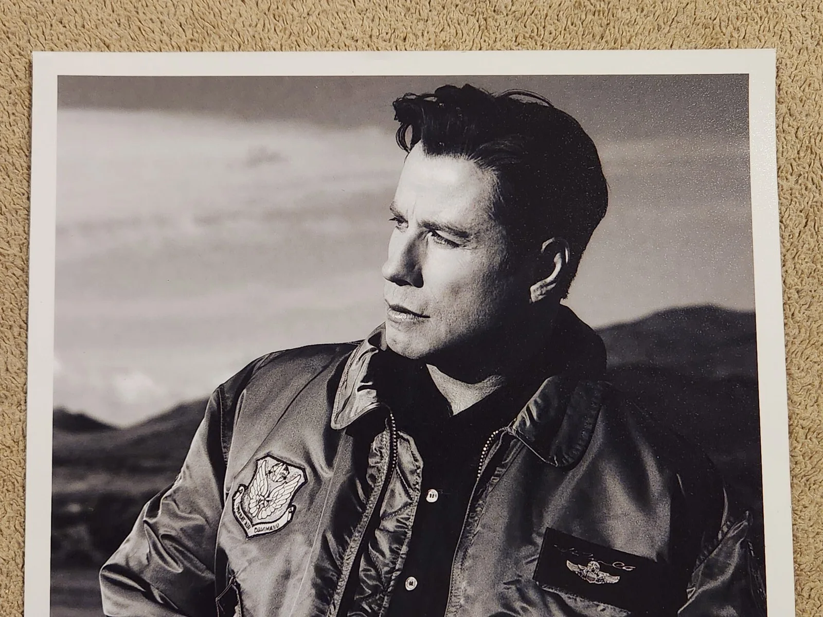 John Travolta Autographed Black White Photo Silver Ink Bomber Jacket Breitling, image 3