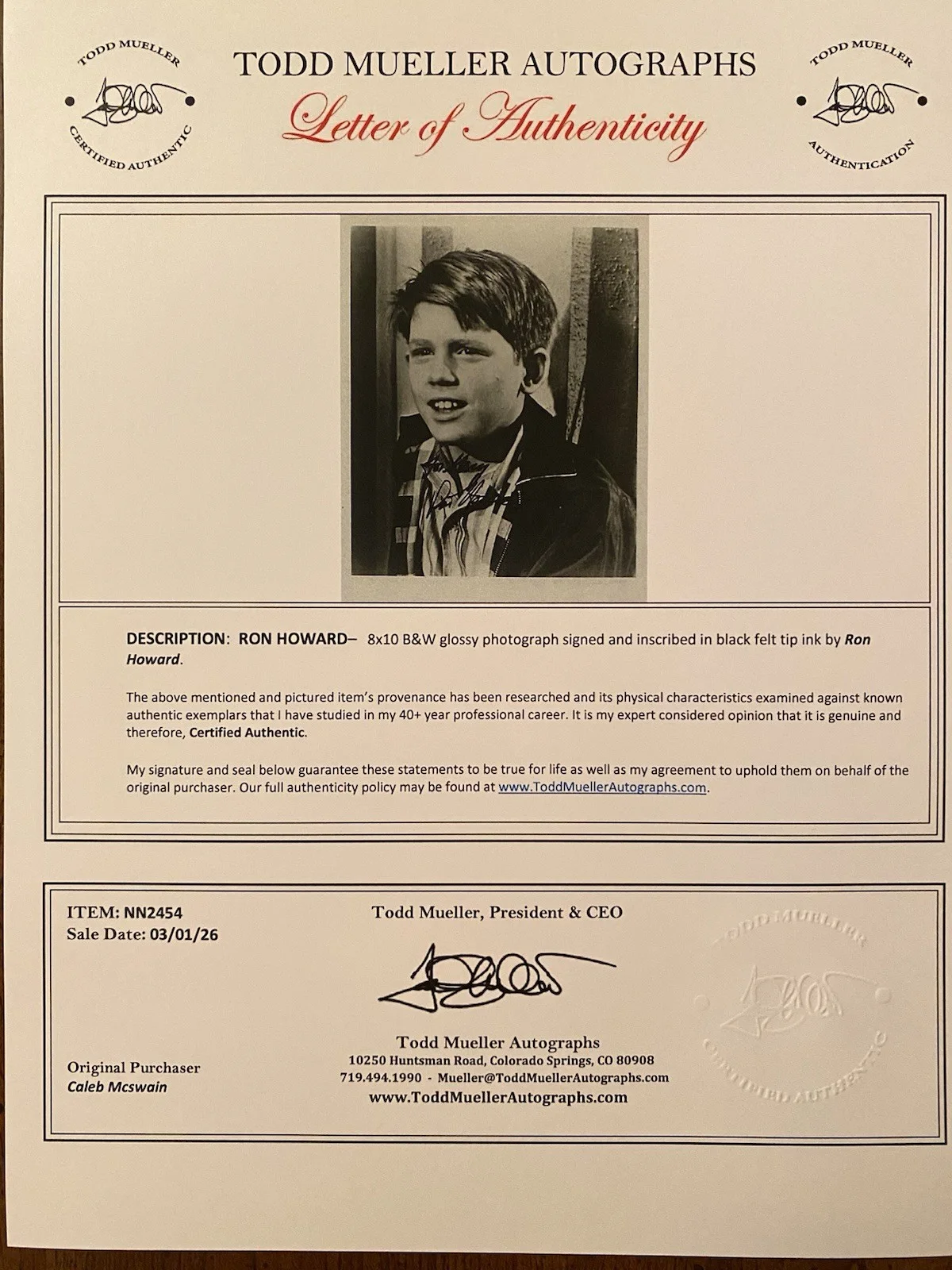 Ron Howard — Ron Howard Signed Autographed Photo With COA The Andy Griffith Show Opie Taylor, image 4
