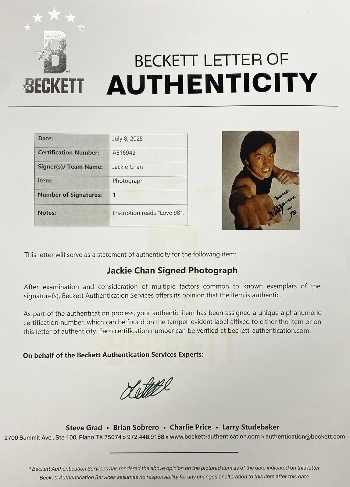 Jackie Chan Signed Photo – Beckett, image 2