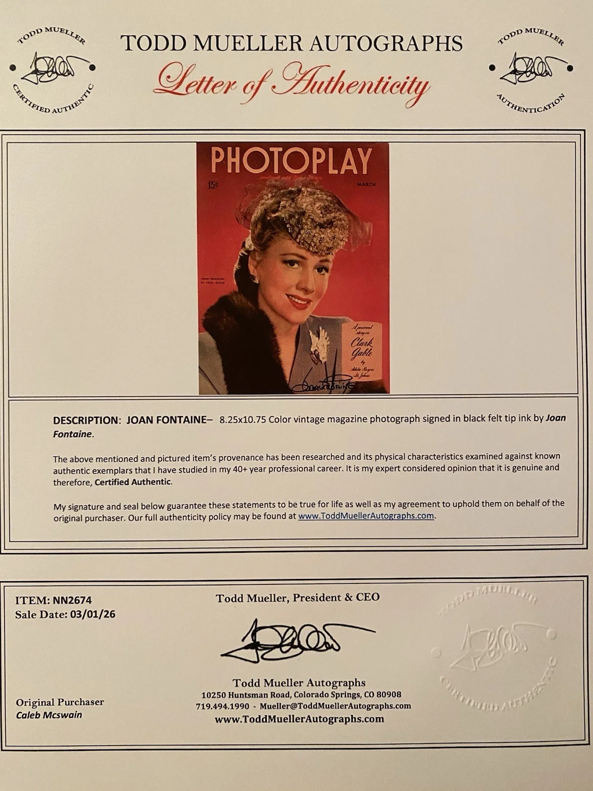 Joan Fontaine — Joan Fontaine Signed Autographed Vintage Photoplay Magazine With COA, изображение 4