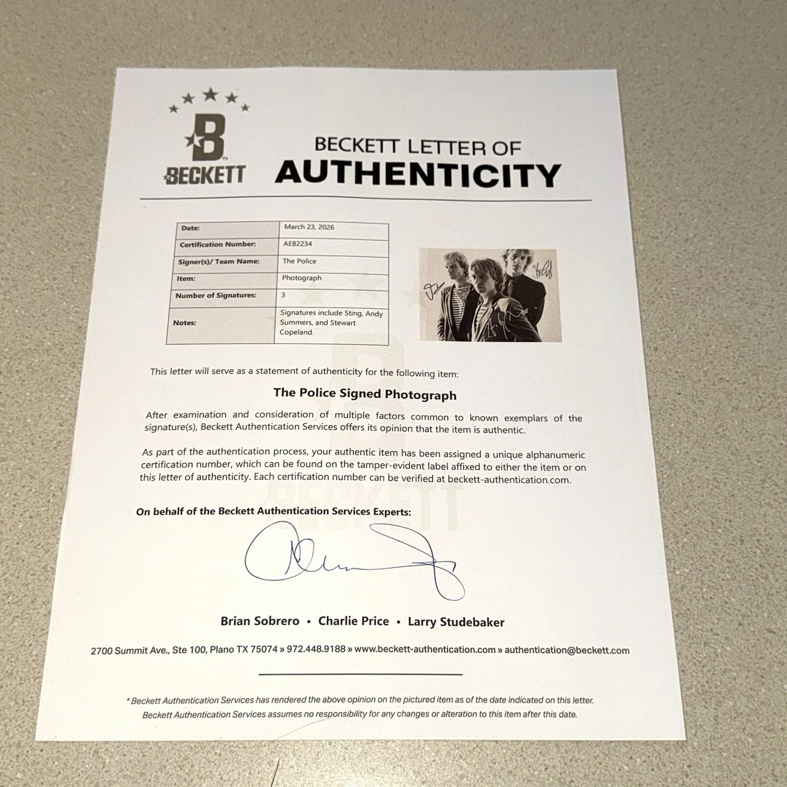 THE POLICE BAND GROUP signed autographed 16X20 STING ANDY STEWART BECKETT COA, изображение 2