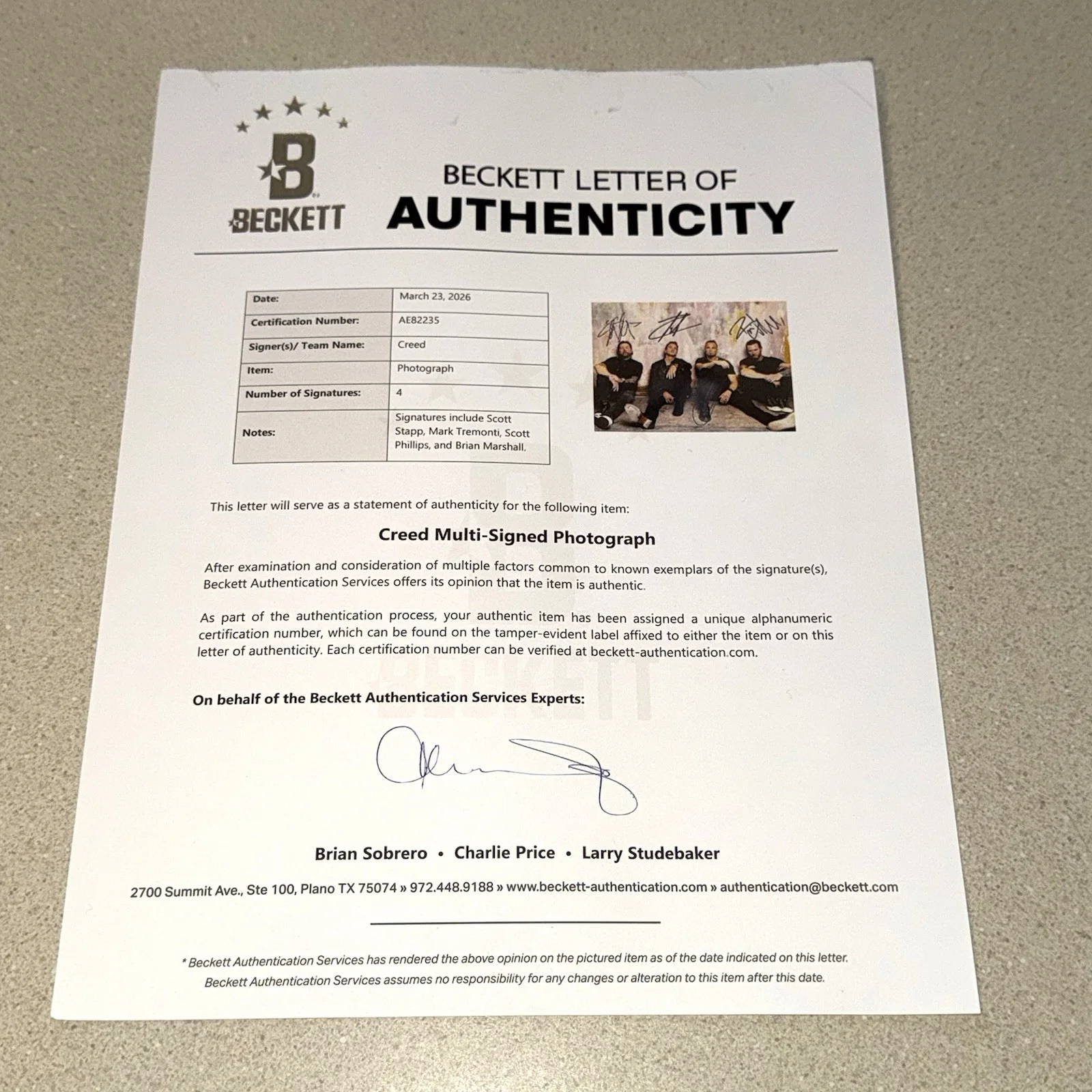 CREED GROUP signed autographed 16X20 PHOTO SCOTT STAPP MARK BRIAN BECKETT COA, изображение 2