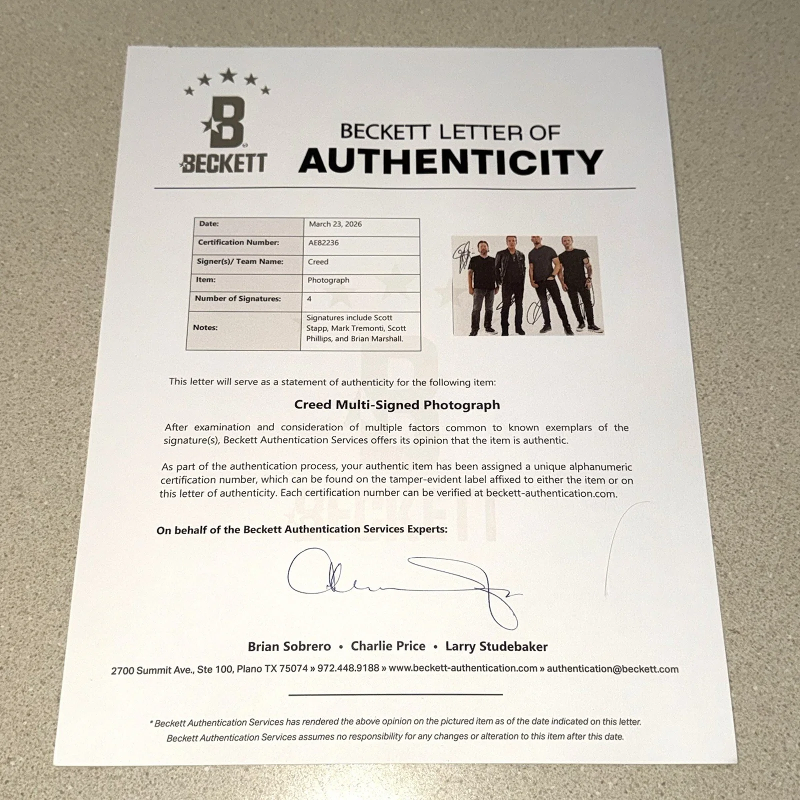 CREED GROUP signed autographed 16X20 PHOTO SCOTT STAPP MARK BRIAN BECKETT COA, изображение 2