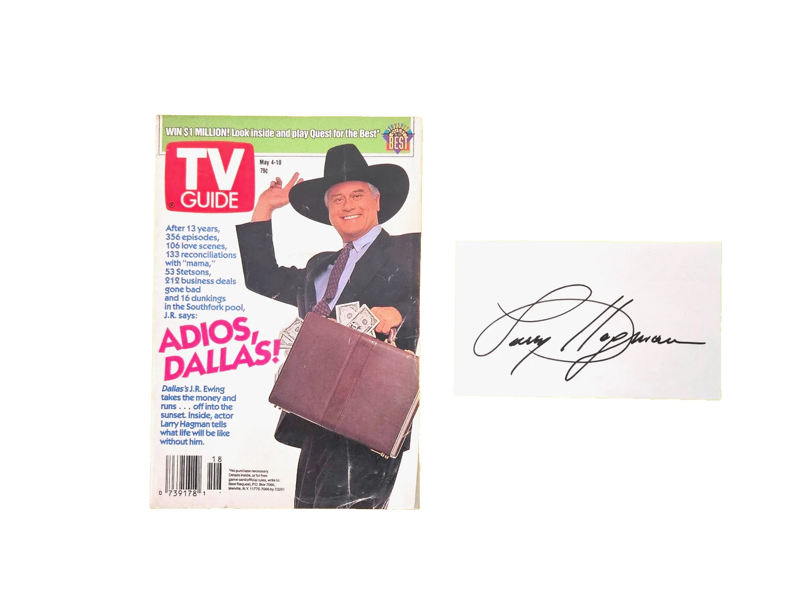 Larry Hagman — LARRY HAGMAN (I DREAM OF JEANNIE~DALLAS) AUTOGRAPH INDEX Card and TV Guide