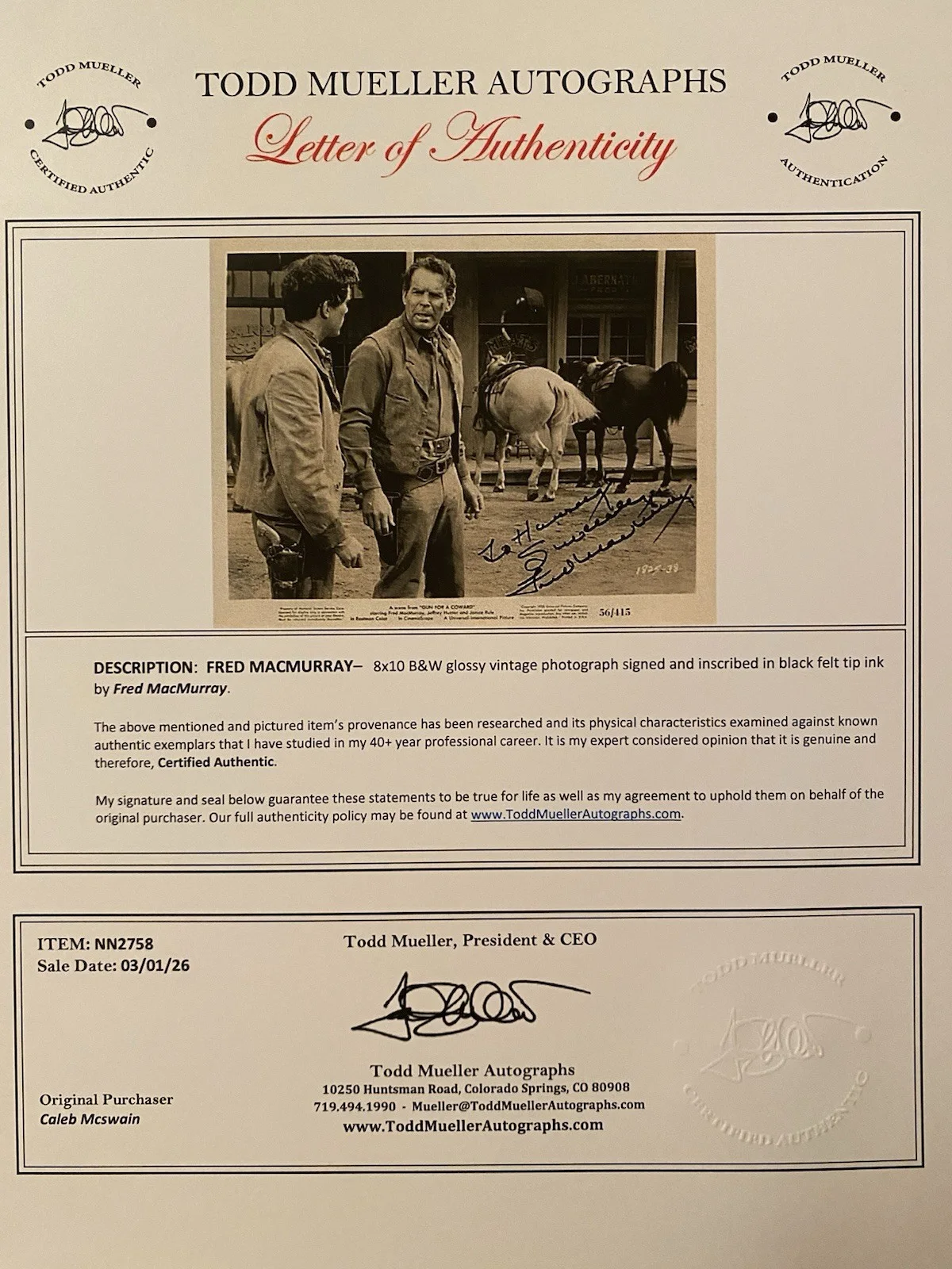 Fred MacMurray — Fred MacMurray Signed Autographed Vintage Photo With COA Gun For A Coward, изображение 4