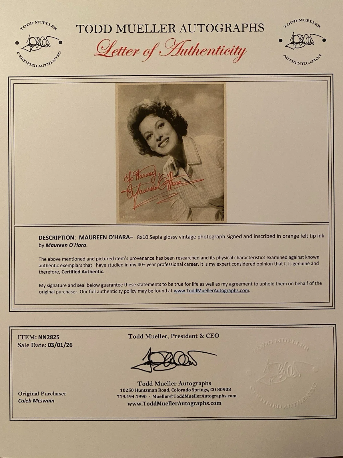 Maureen O’Hara — Maureen O’Hara Signed Autographed Photo With COA The Parent Trap McClintock Etc, image 4