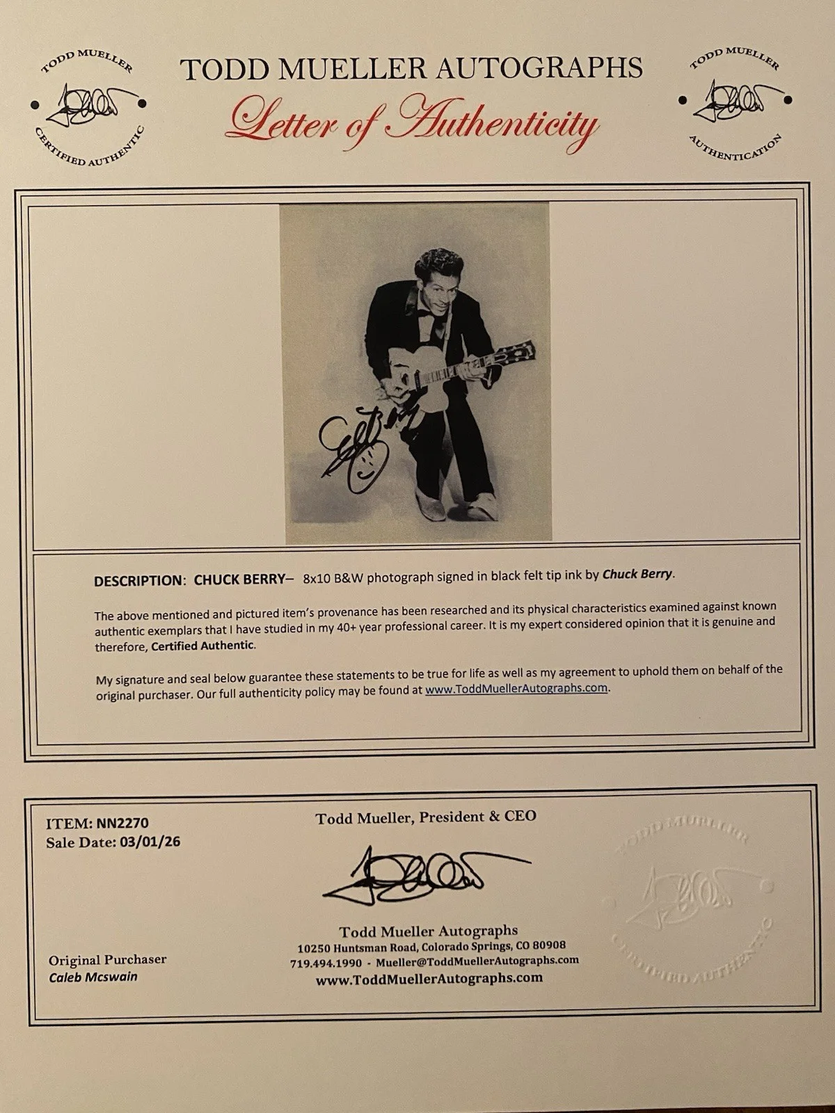 Chuck Berry Signed Autographed Photo With COA Johnny B Goode Rock N Roll Music, image 4