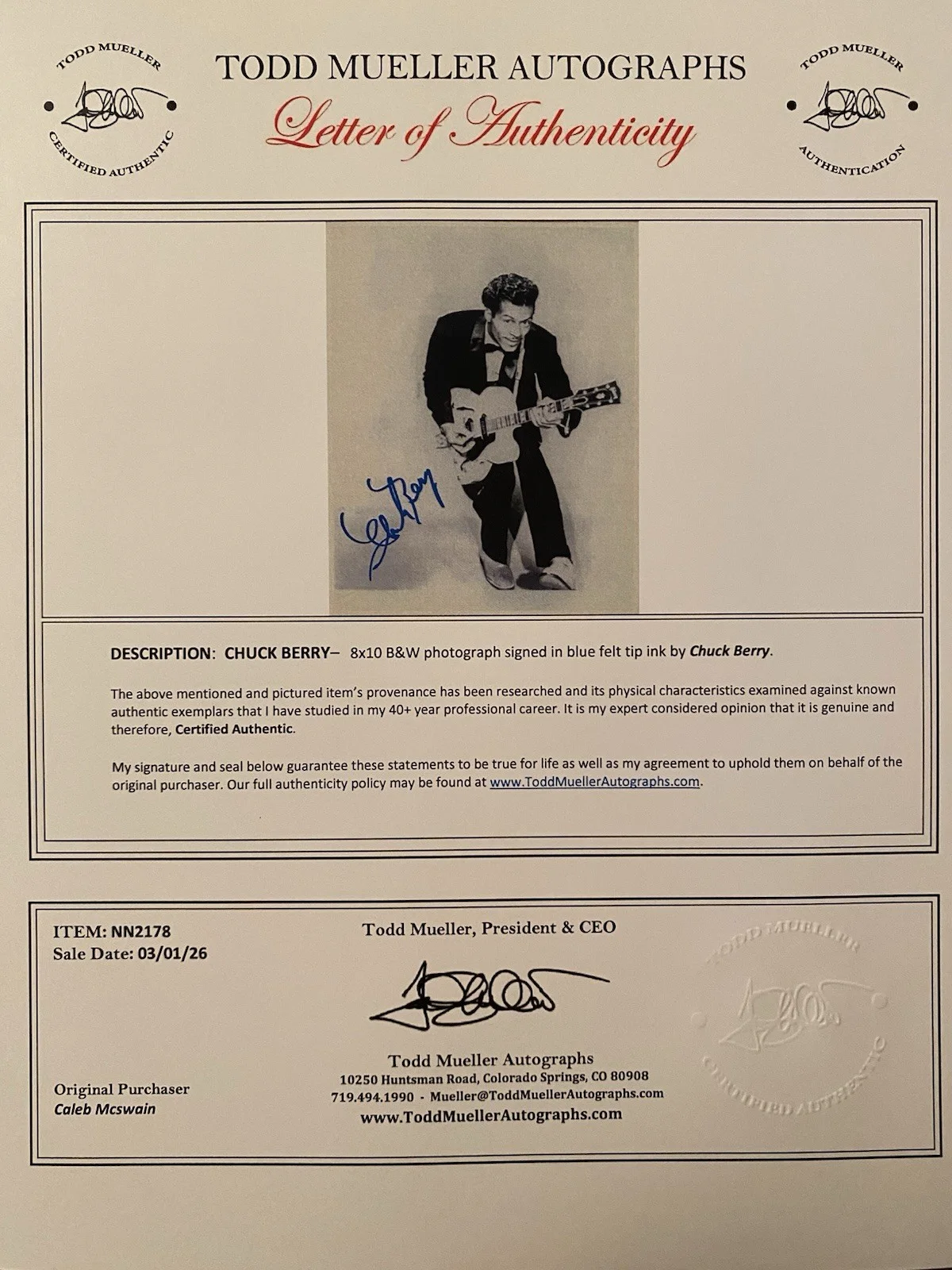 Chuck Berry Signed Autographed Photo With COA Johnny B Goode Rock N Roll Music, image 4