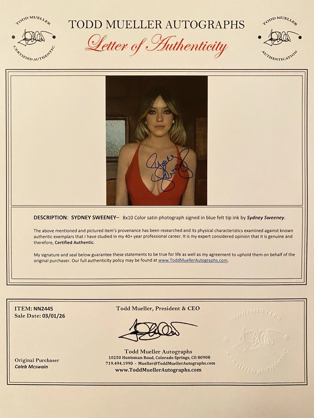 Sydney Sweeney — Sydney Sweeney Signed Autographed 8x10 Photo With COA Euphoria The White Lotus, изображение 4