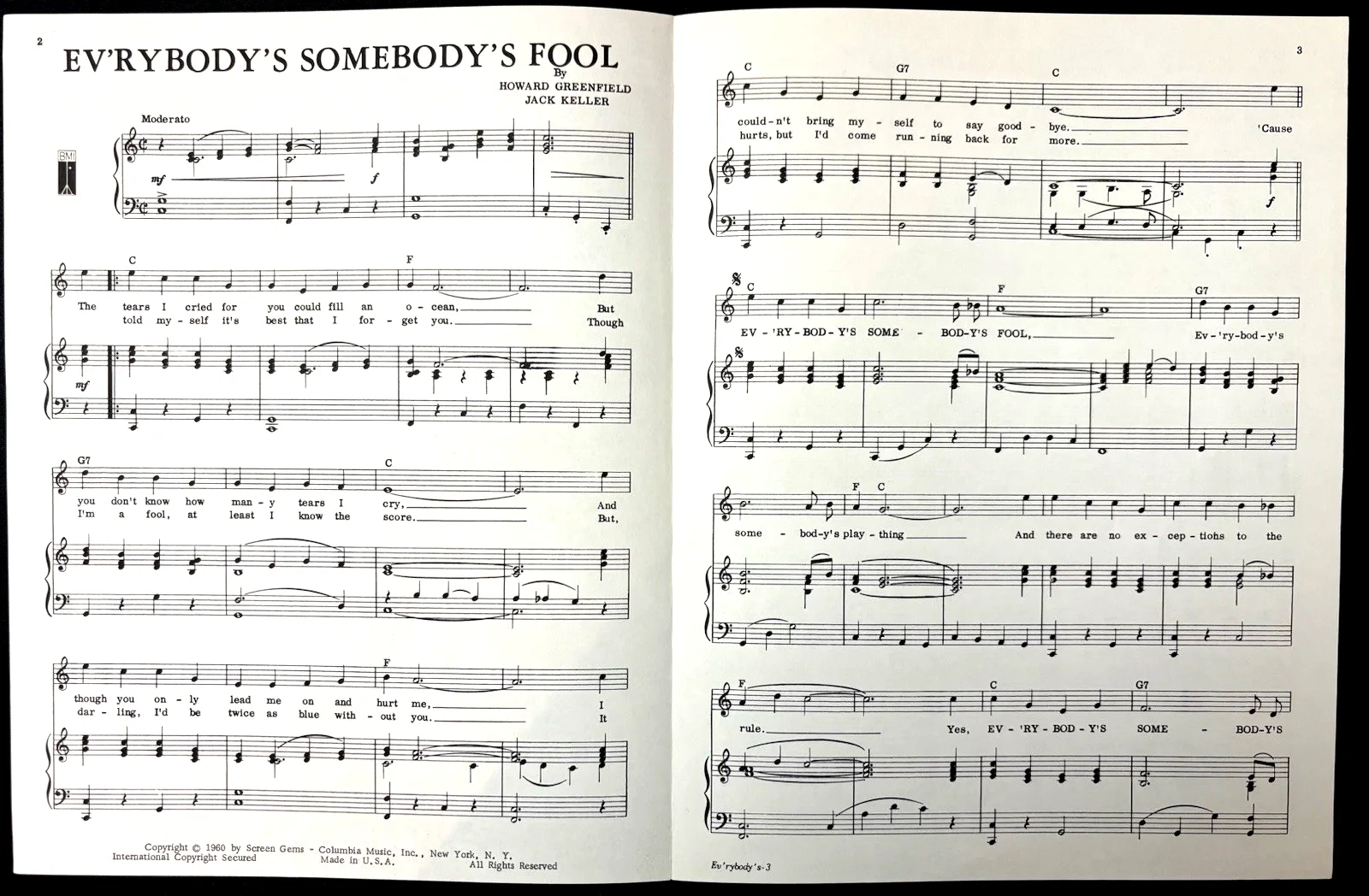 CONNIE FRANCIS — CONNIE FRANCIS HAND SIGNED SHEET MUSIC" EVERYBODY'S SOMEBODY'S" FOOL --PSA COA, image 3
