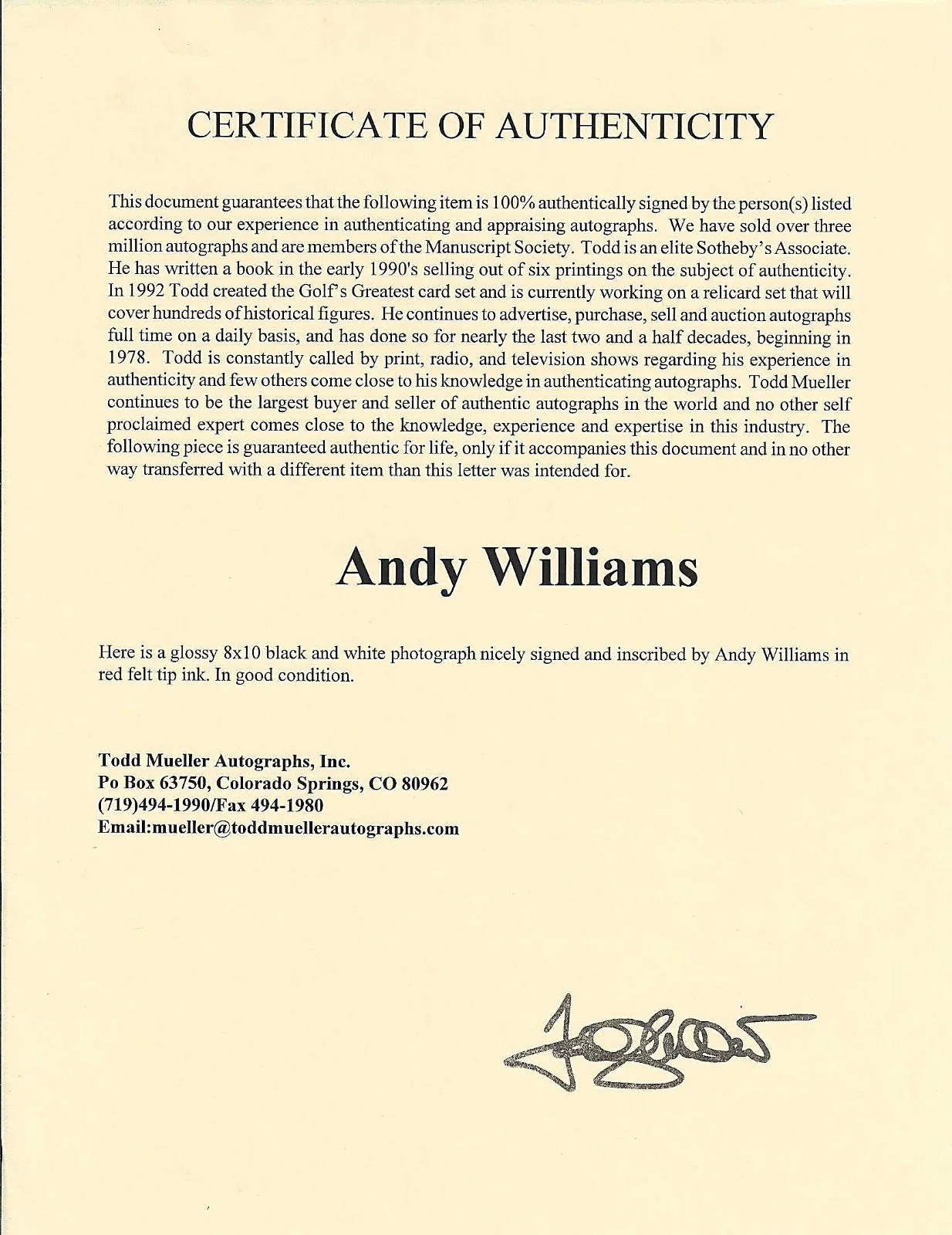 ANDY WILLIAMS — ANDY WILLIAMS SINGER TV HOST HAND SIGNED PHOTO 8x10, image 3