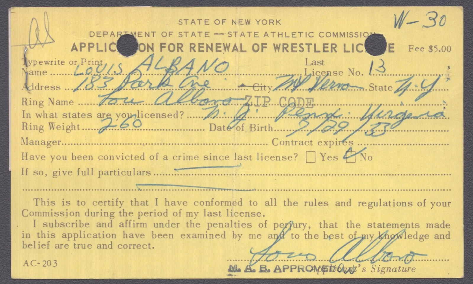 Lou Albano — LOU ALBANO - DOCUMENT DOUBLE SIGNED CIRCA 1969, image 2