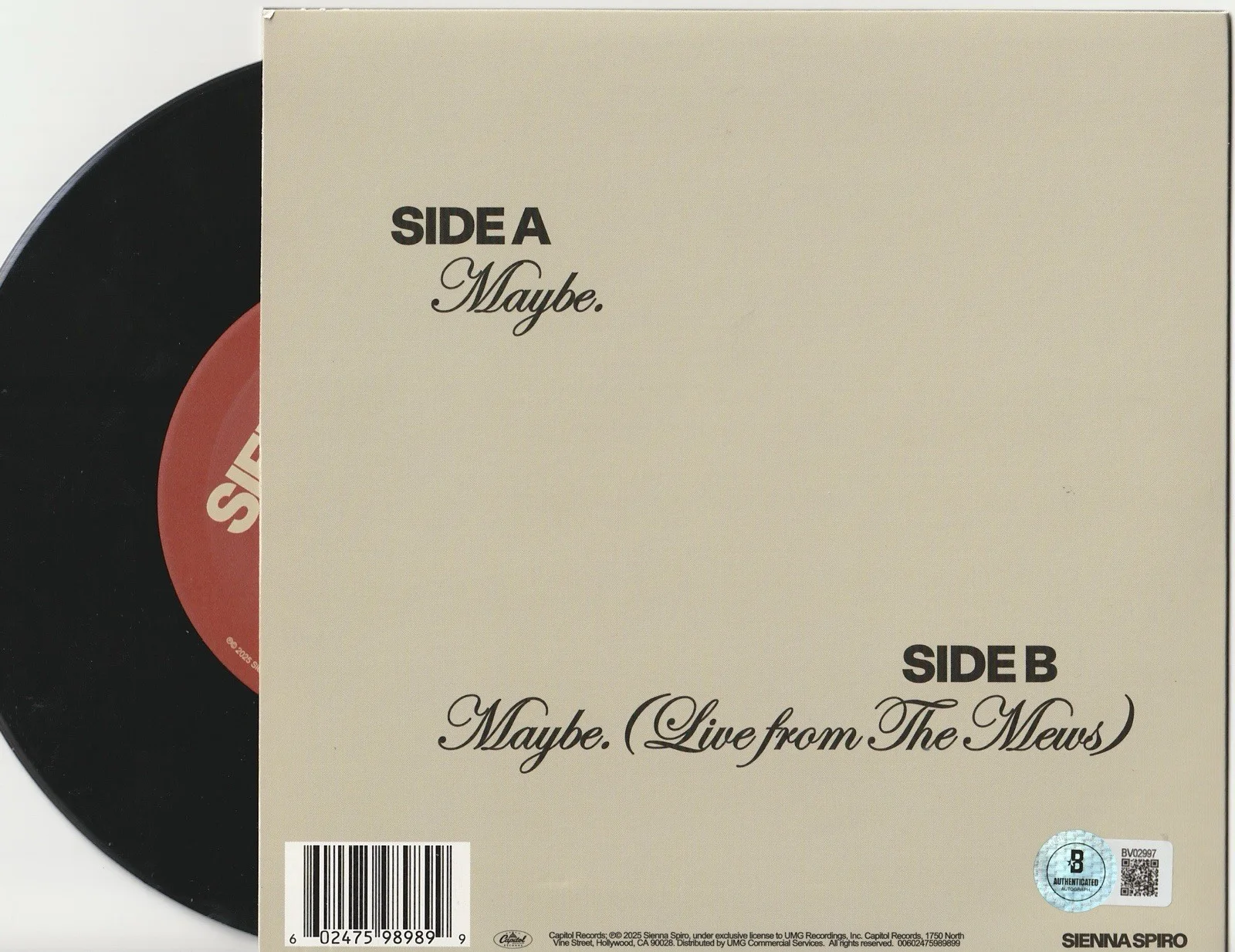 SIENNA SPIRO SIGNED MAYBE LIMITED EDITION VINYL SINGLE - BECKETT COA, image 2