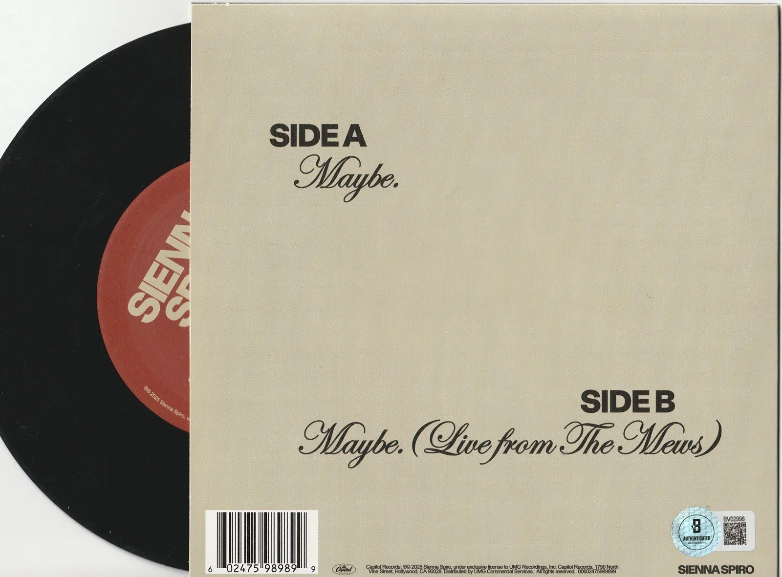 SIENNA SPIRO SIGNED MAYBE LIMITED EDITION VINYL SINGLE - BECKETT COA, image 2