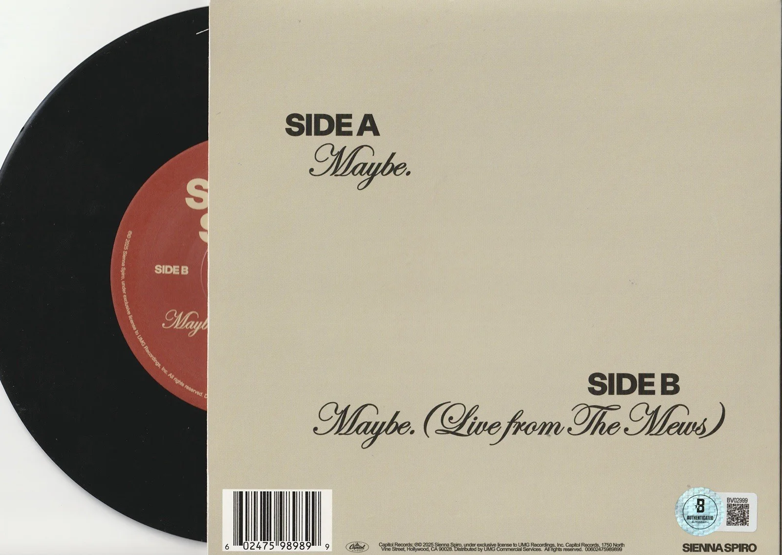 SIENNA SPIRO SIGNED MAYBE LIMITED EDITION VINYL SINGLE - BECKETT COA, image 2