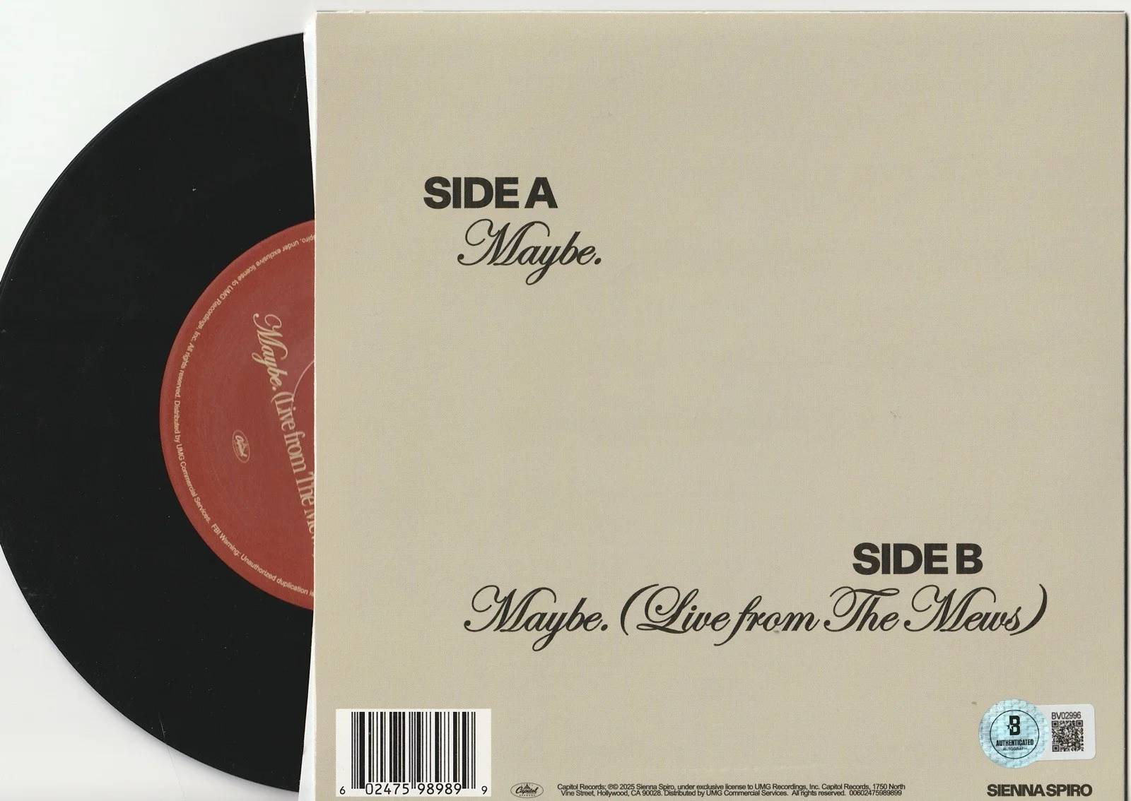 SIENNA SPIRO SIGNED MAYBE LIMITED EDITION VINYL SINGLE - BECKETT COA, изображение 2
