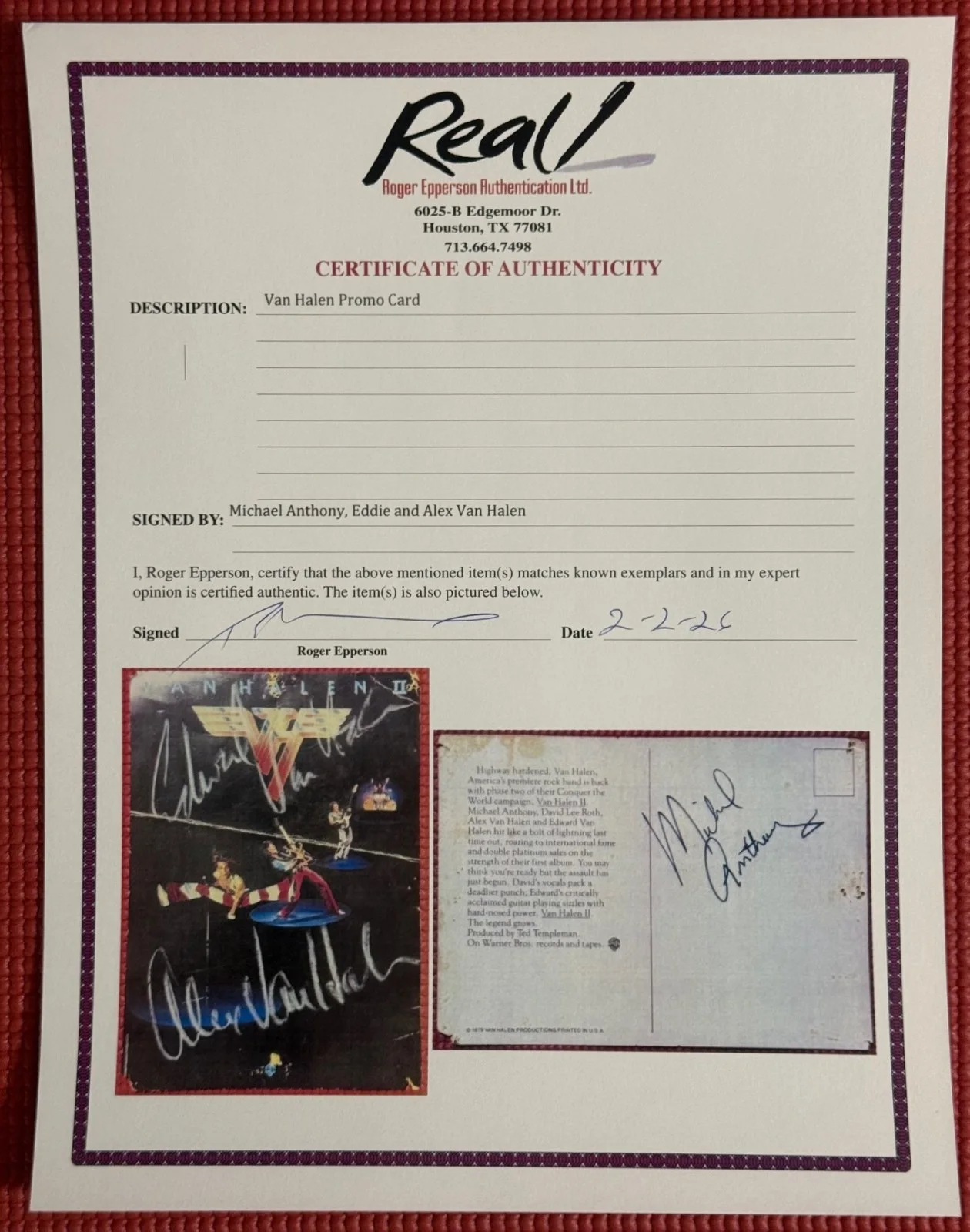 REAL signed VAN HALEN x 3 autographed PROMO VH II CARD 5"x7" Epperson, image 4