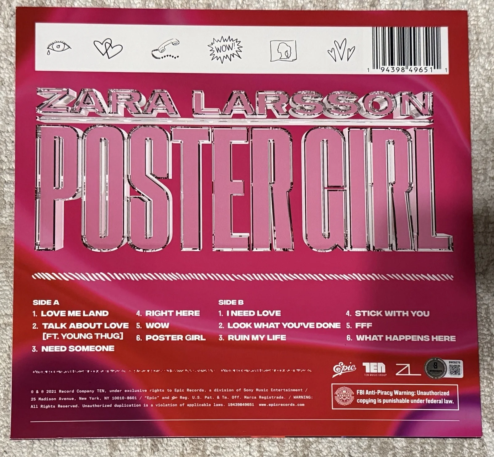 ZARA LARSSON SIGNED POSTER GIRL WHITE VINYL LP - BECKETT COA, изображение 2
