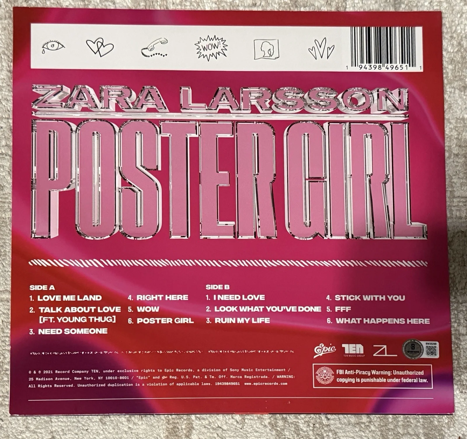 ZARA LARSSON SIGNED POSTER GIRL WHITE VINYL LP - BECKETT COA, изображение 2