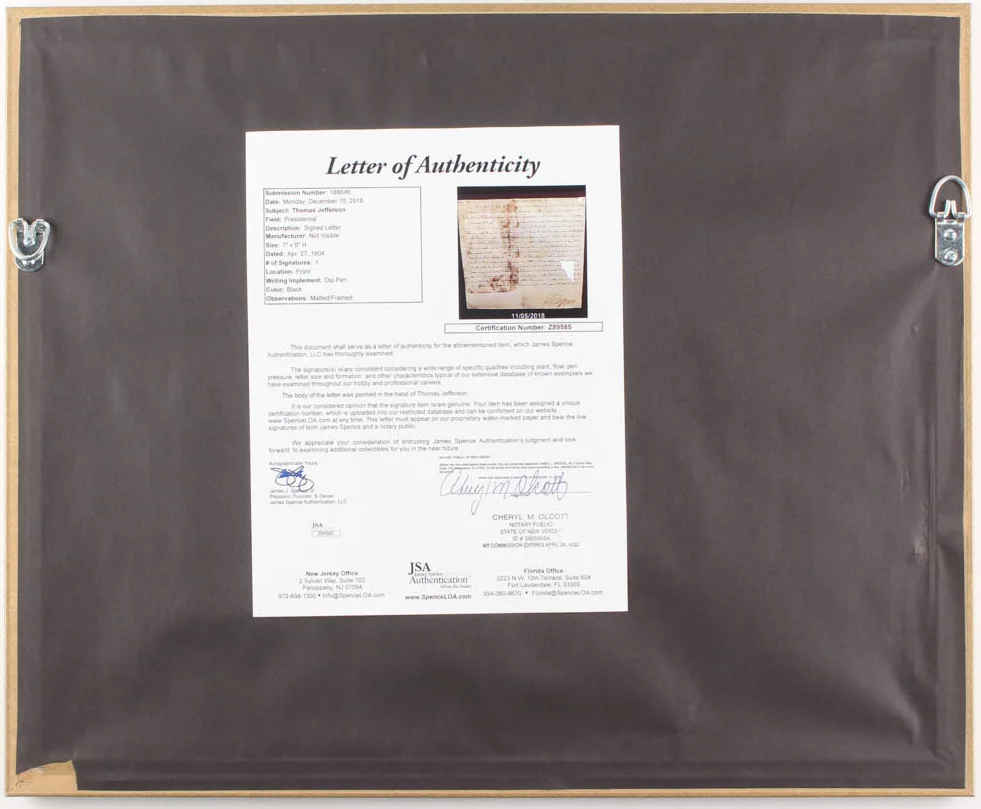 Thomas Jefferson — Thomas Jefferson 18x22 Custom Framed Display with (1) Hand-Written Word JSA COA, image 2
