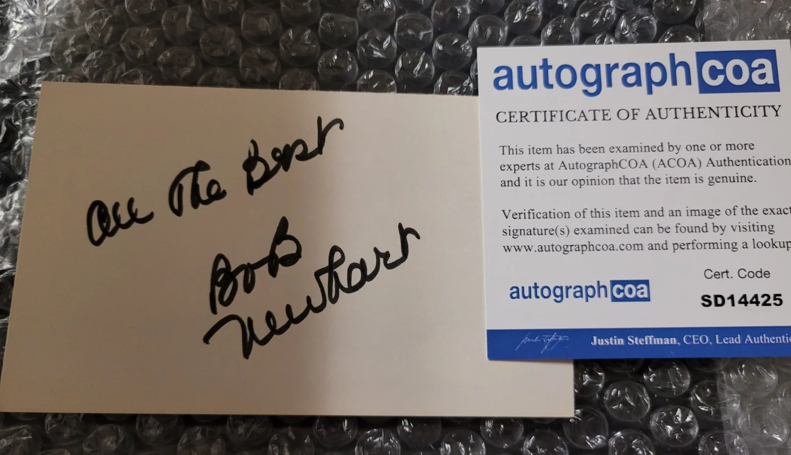 bob newhart — Comedian Bob Newhart Signed Autographed Card 4x6 In Size With Inscription ACOA, image 3