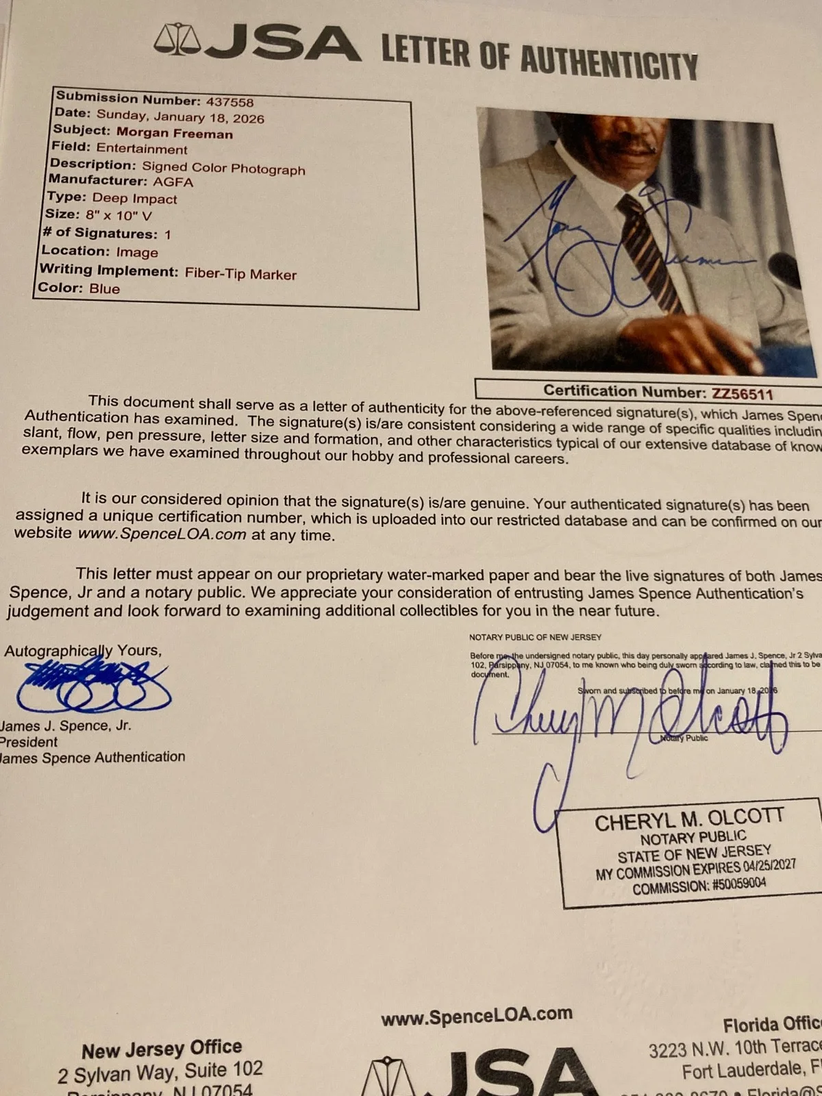 MORGAN FREEMAN — MORGAN FREEMAN signed 8x10 scene from "DEEP IMPACT" JSA#ZZ56511, image 3