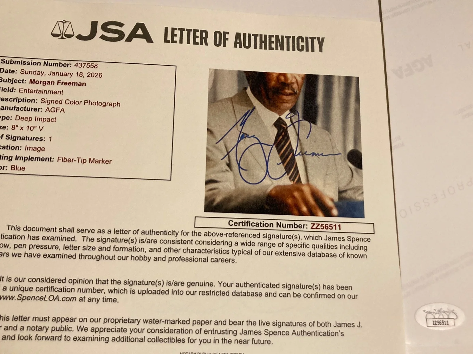 MORGAN FREEMAN — MORGAN FREEMAN signed 8x10 scene from "DEEP IMPACT" JSA#ZZ56511, image 4