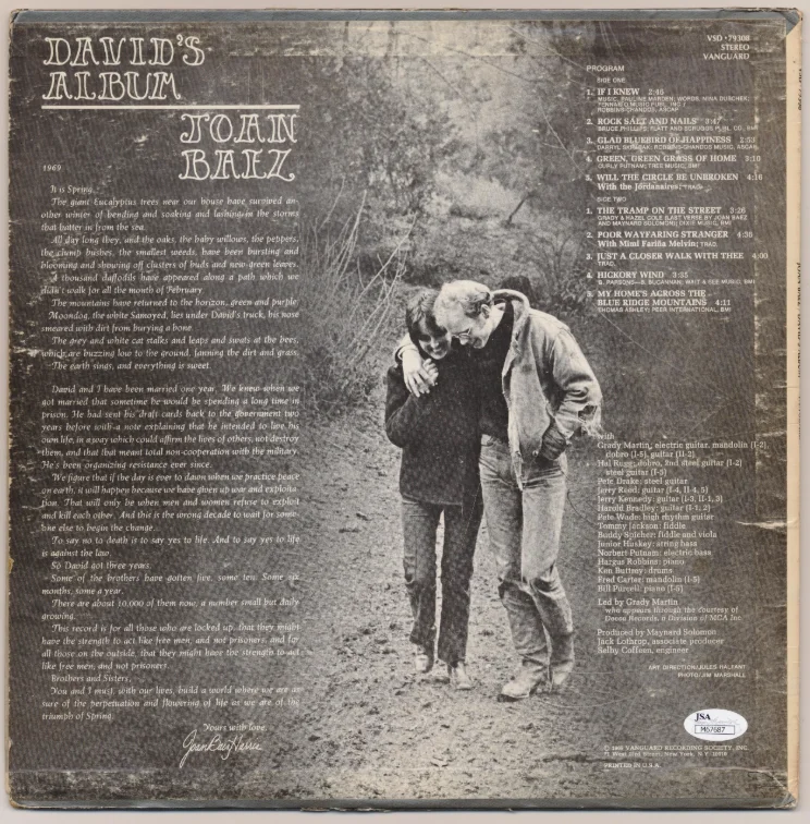 Joan Baez Autographed Signed David's Album Vinyl Record JSA COA 31665, изображение 3