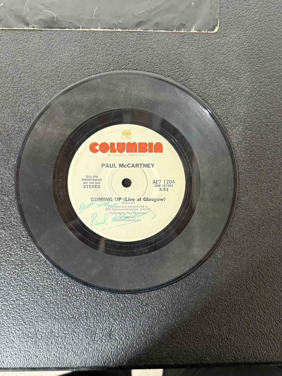 Paul McCartney Signed Columbia Demo Record 'Coming Up (Live at Glasgow)' (1980), image 2