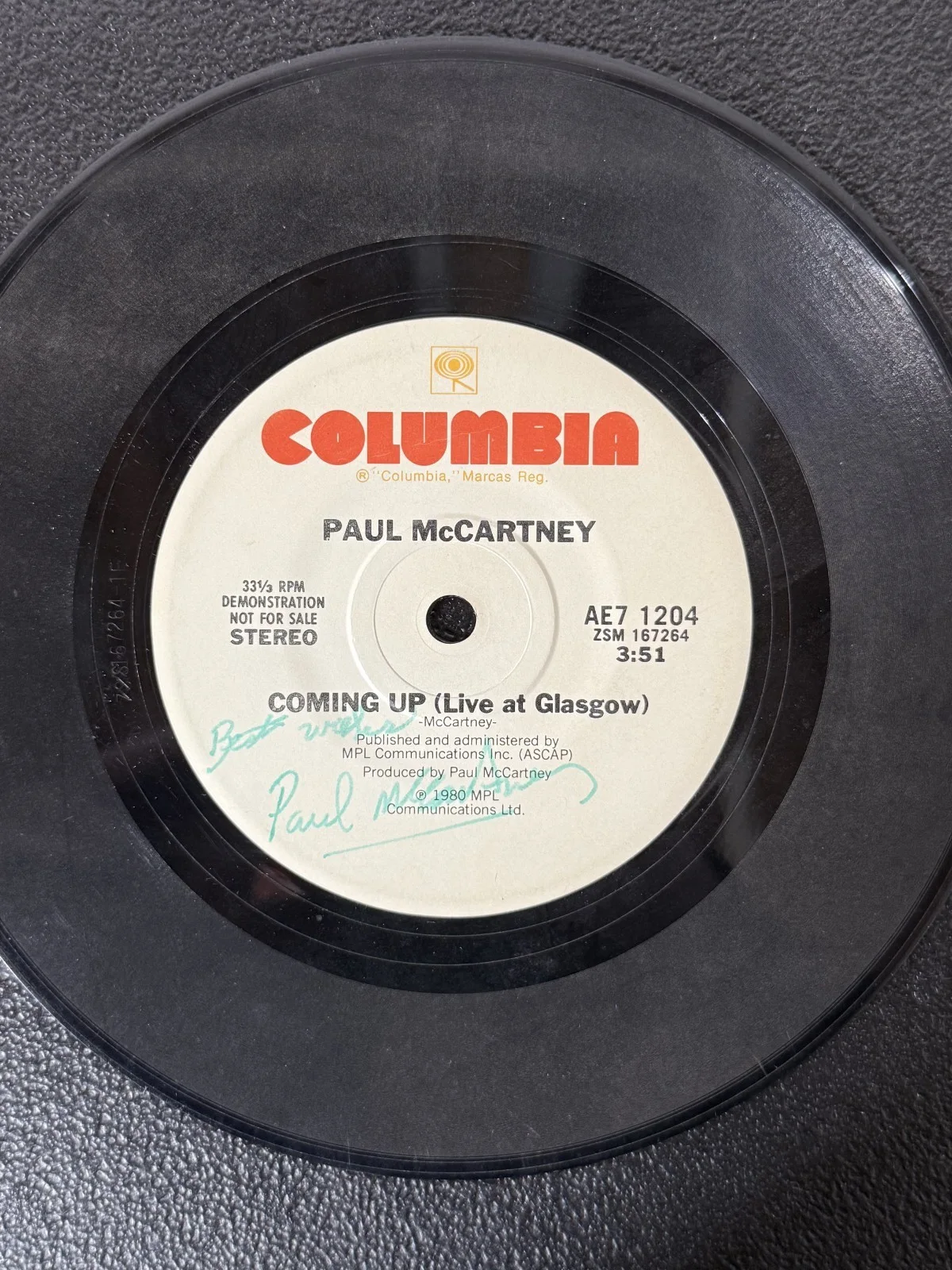 Paul McCartney Signed Columbia Demo Record 'Coming Up (Live at Glasgow)' (1980), image 3