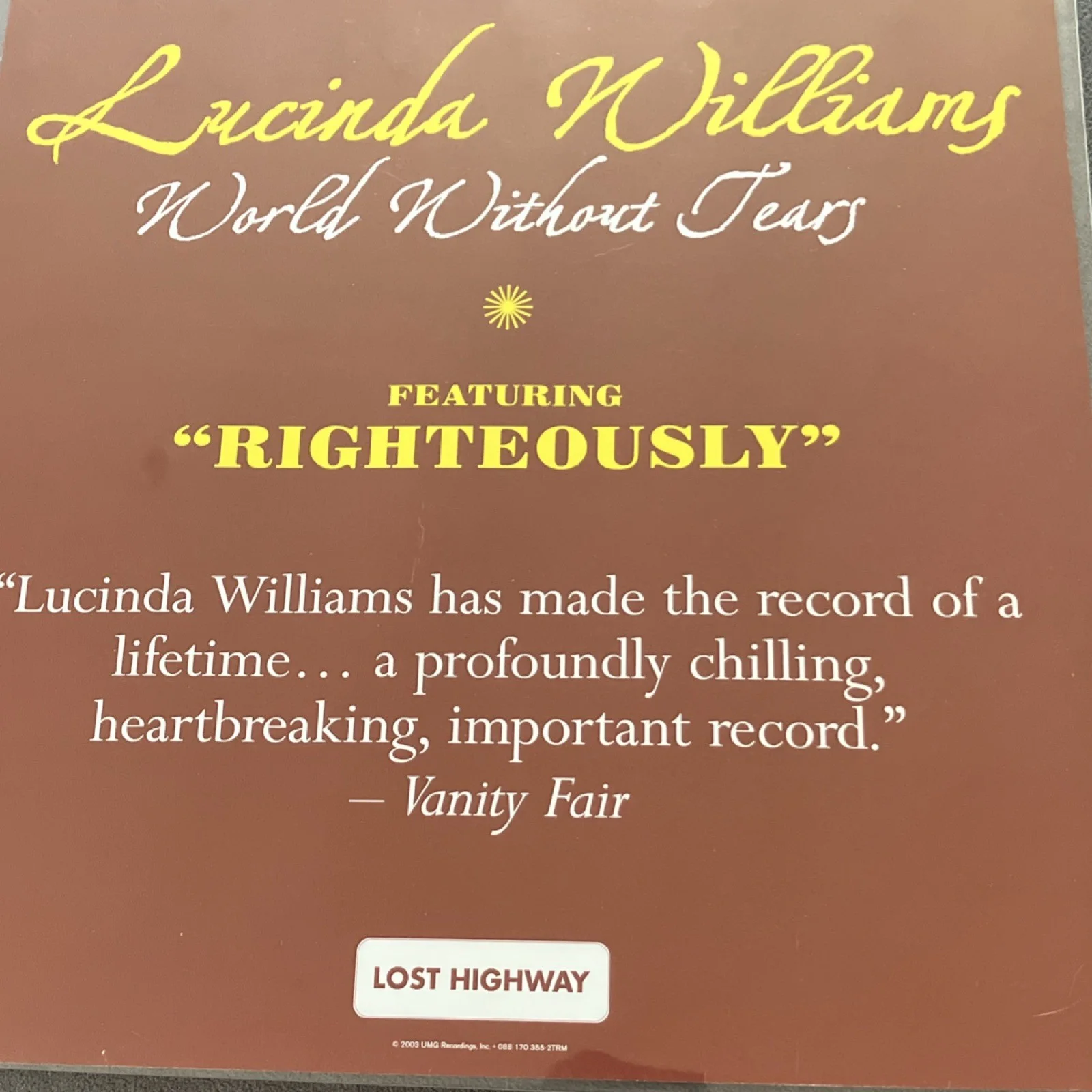 Lucinda Williams World Without Tears PROMO FLAT NO ALBUM SIGNED xlnt condition, image 2