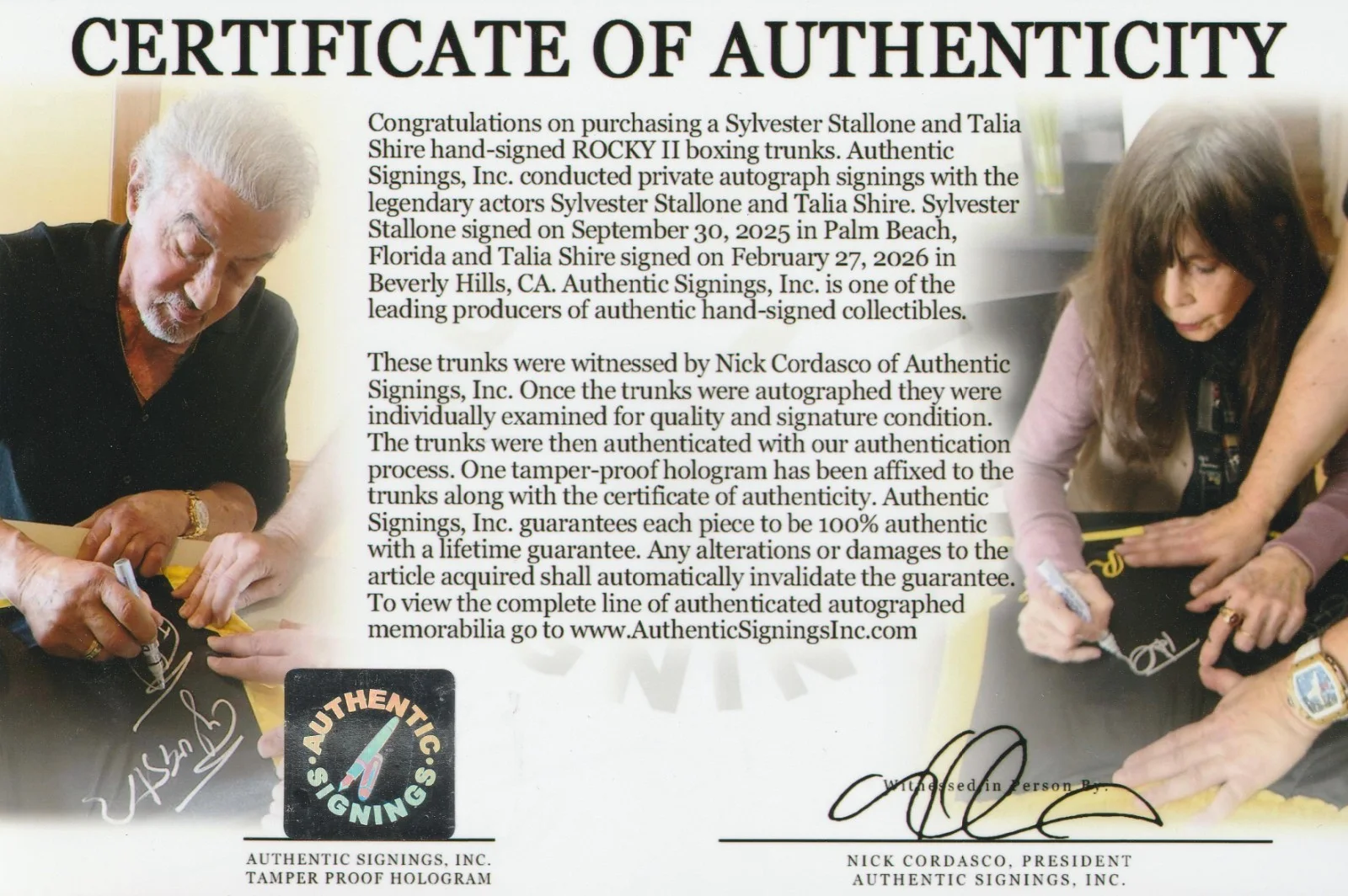 Sylvester Stallone Talia Shire — Sylvester Stallone & Talia Shire Autographed ROCKY II Trunks ASI Proof, image 2