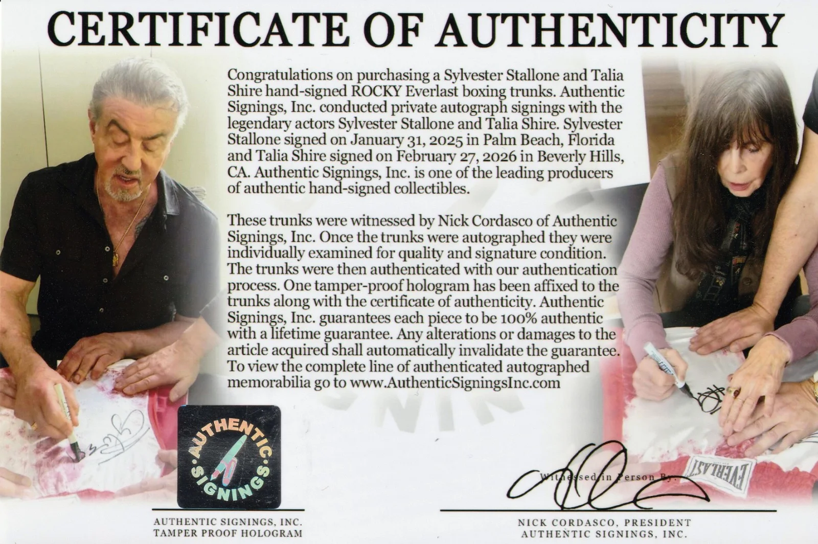 Sylvester Stallone Talia Shire — Sylvester Stallone & Talia Shire Autographed ROCKY Blood Trunks ASI Proof, image 2