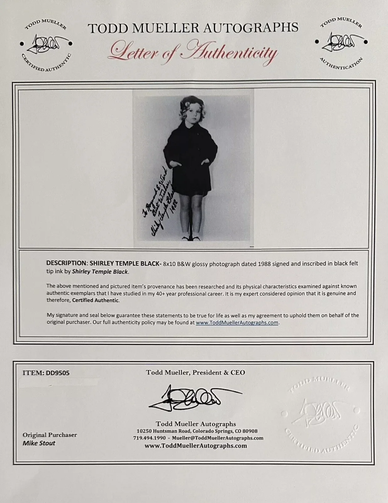 Shirley Temple — SHIRLEY TEMPLE Signed VINTAGE 8x10 Photo CHILD ACTING LEGEND Todd Mueller COA, image 2