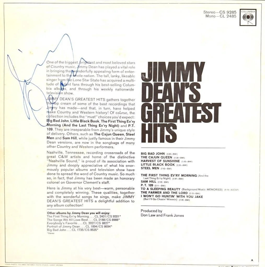 JIMMY DEAN HAND SIGNED AUTOGRAPH LP ALBUM "GREATEST HITS", изображение 2