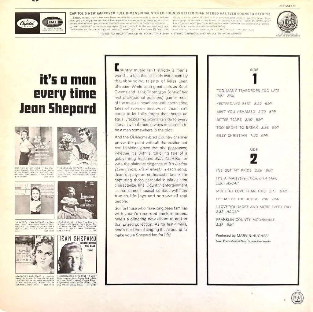 JEAN SHEPARD HAND SIGNED AUTOGRAPH LP ALBUM "IT'S A MAN EVERY TIME", изображение 2