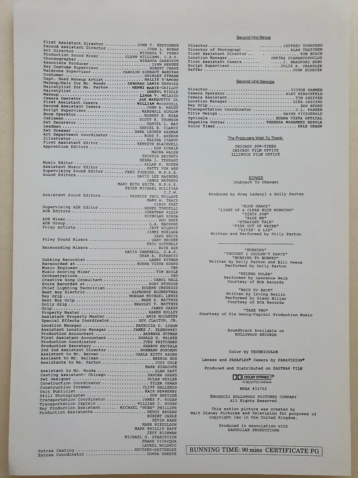 DOLLY PARTON - STRAIGHT TALK - VINTAGE PRESS AD SHEET & SYNOPSIS SHEET, image 2
