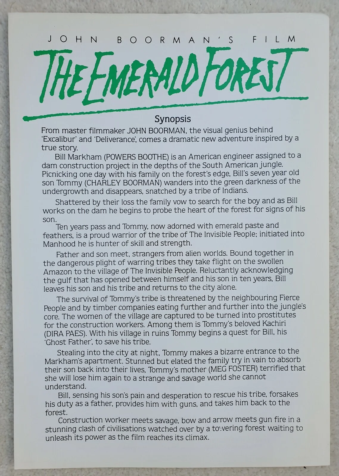 EMERALD FOREST ORIGINAL 1985 UK PRESSBOOK & SYNOPSIS SHEET John Charley Boorman, изображение 5