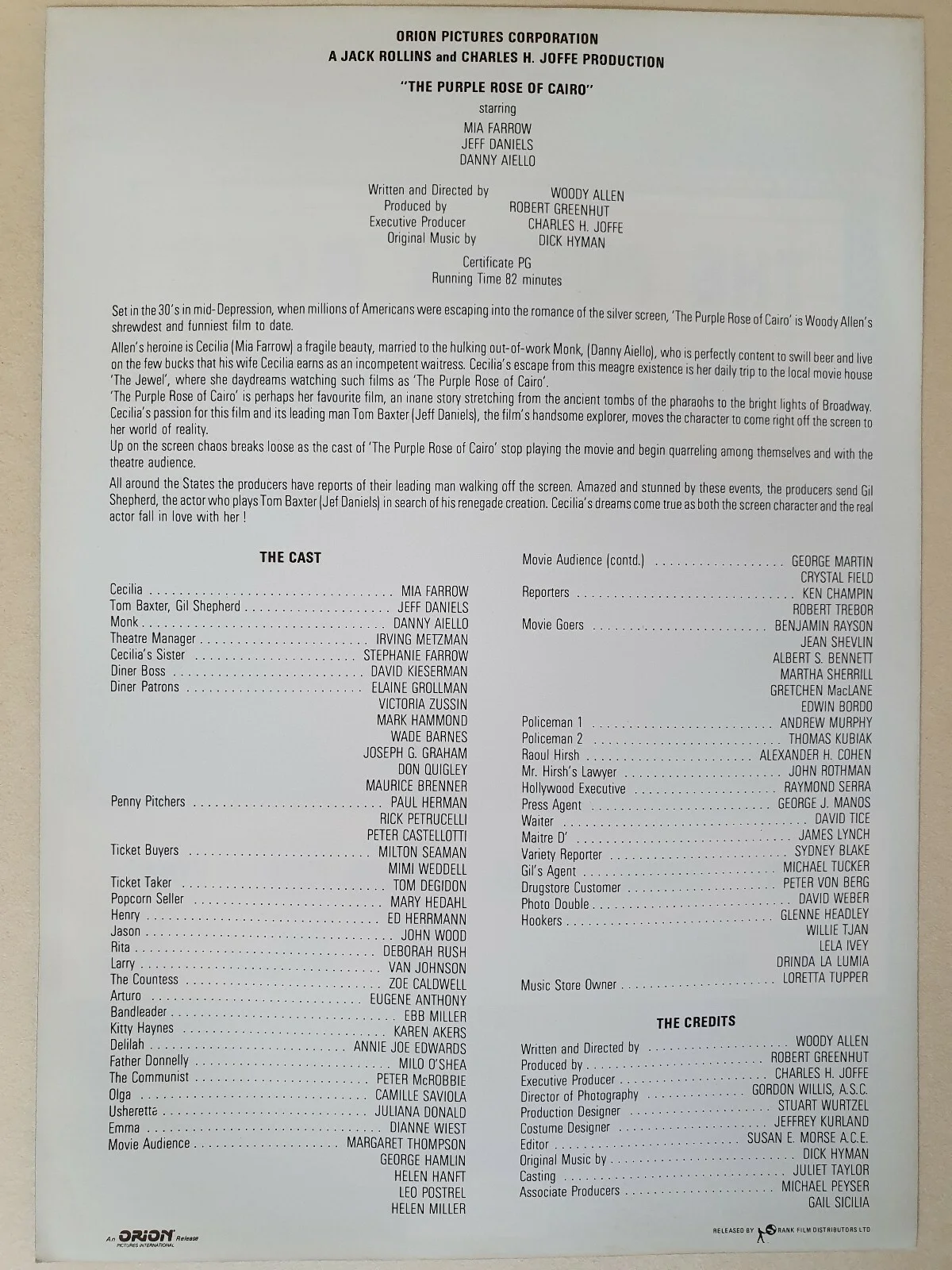 WOODY ALLEN - PURPLE ROSE OF CAIRO - VINTAGE PRESSBOOK & SYNOPSIS SHEET DANIELS, изображение 5