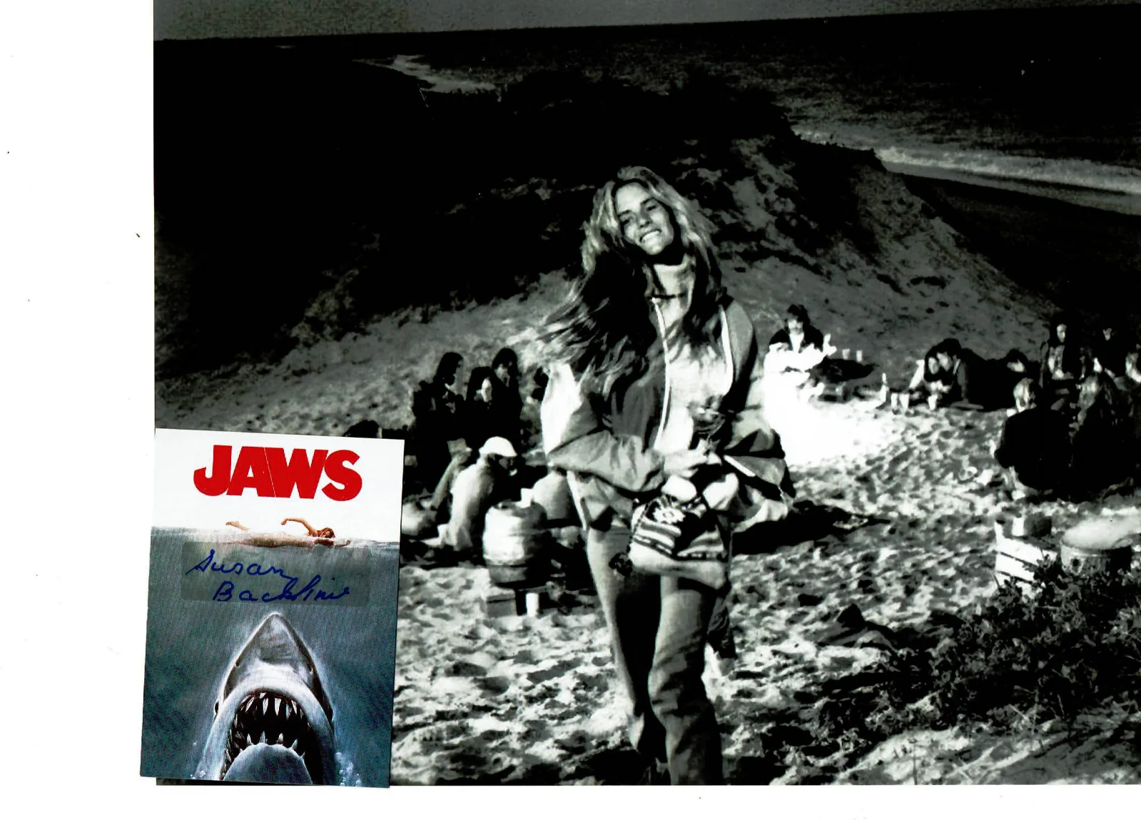 Jaws 1st Victim Susan Backlinie — JAWS 1st Victim autographed card & unsigned Photo by Susan Backlinie (dec)