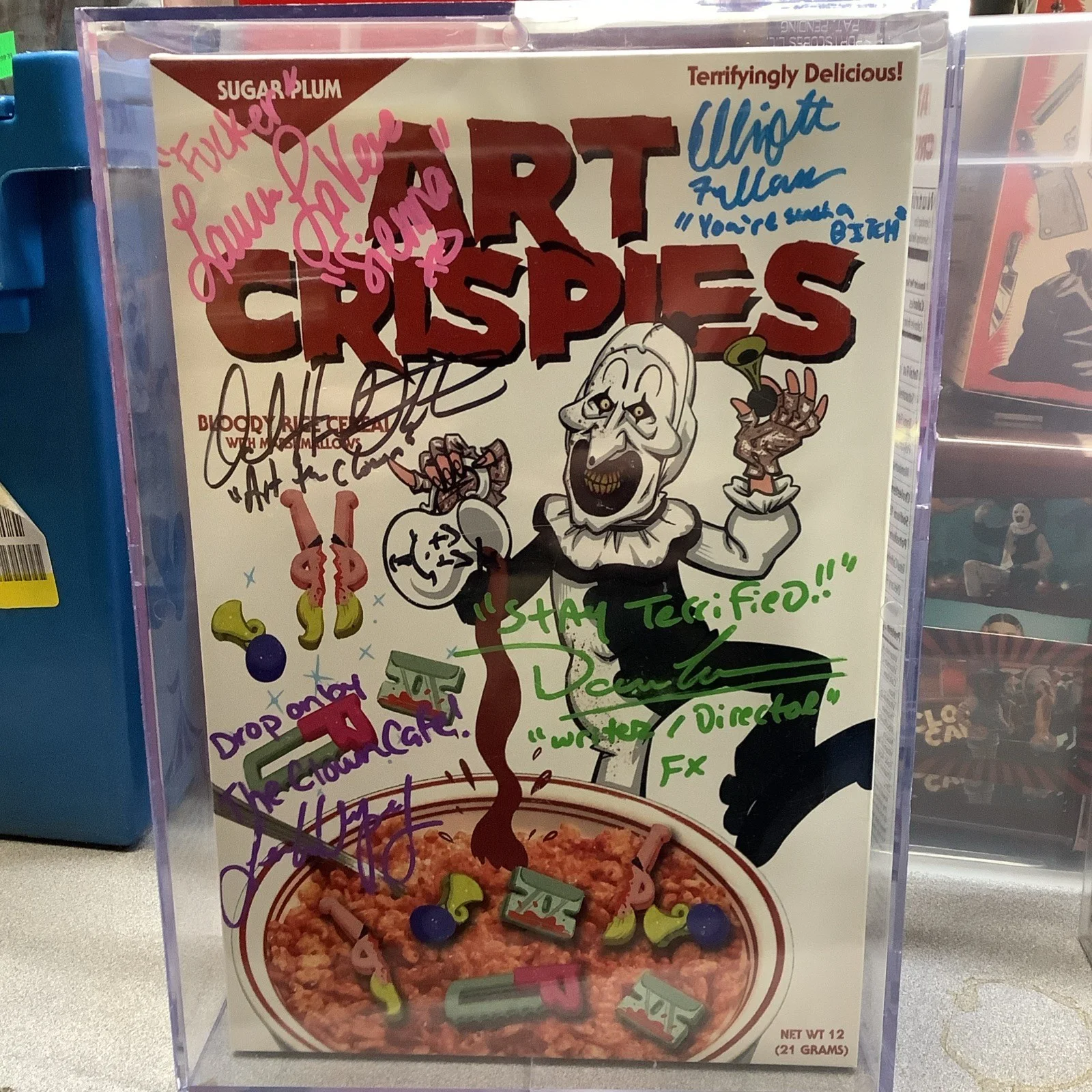 DHT, Lauren Lavera, Elliot fullam, Clint howard — Autographed Spirit terrifier cereal box Sign David Howard Thornton Lavena Fullum