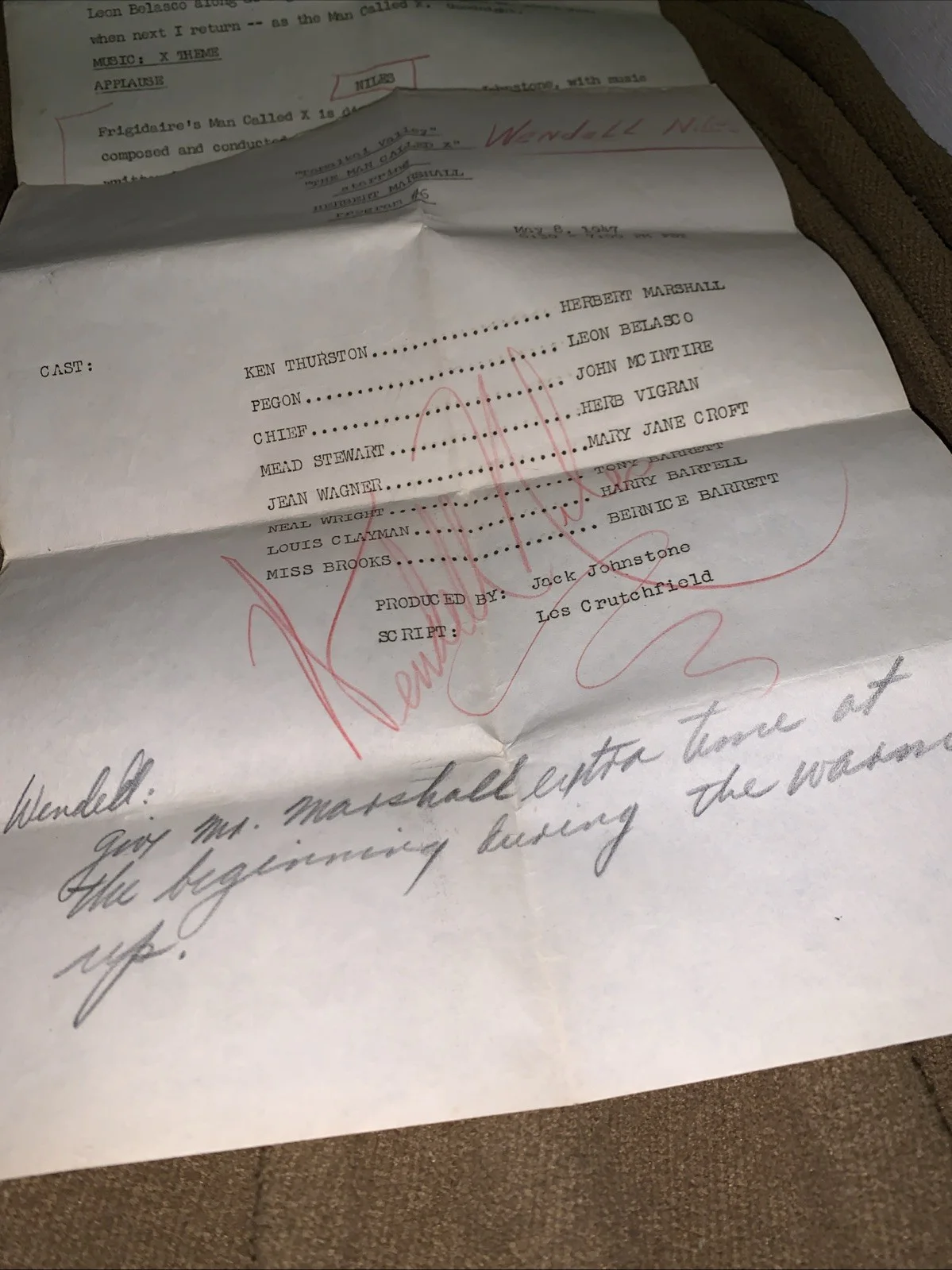 Wendell Niles Signed Man Called X Radio Show Script Pages 1947 Herbert Marshall, image 3